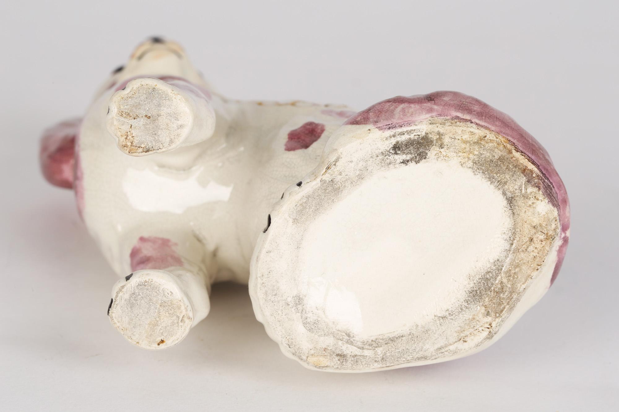 Glazed Staffordshire Unusual Pottery Pink Lustre Glass Eyed Dog c.1880