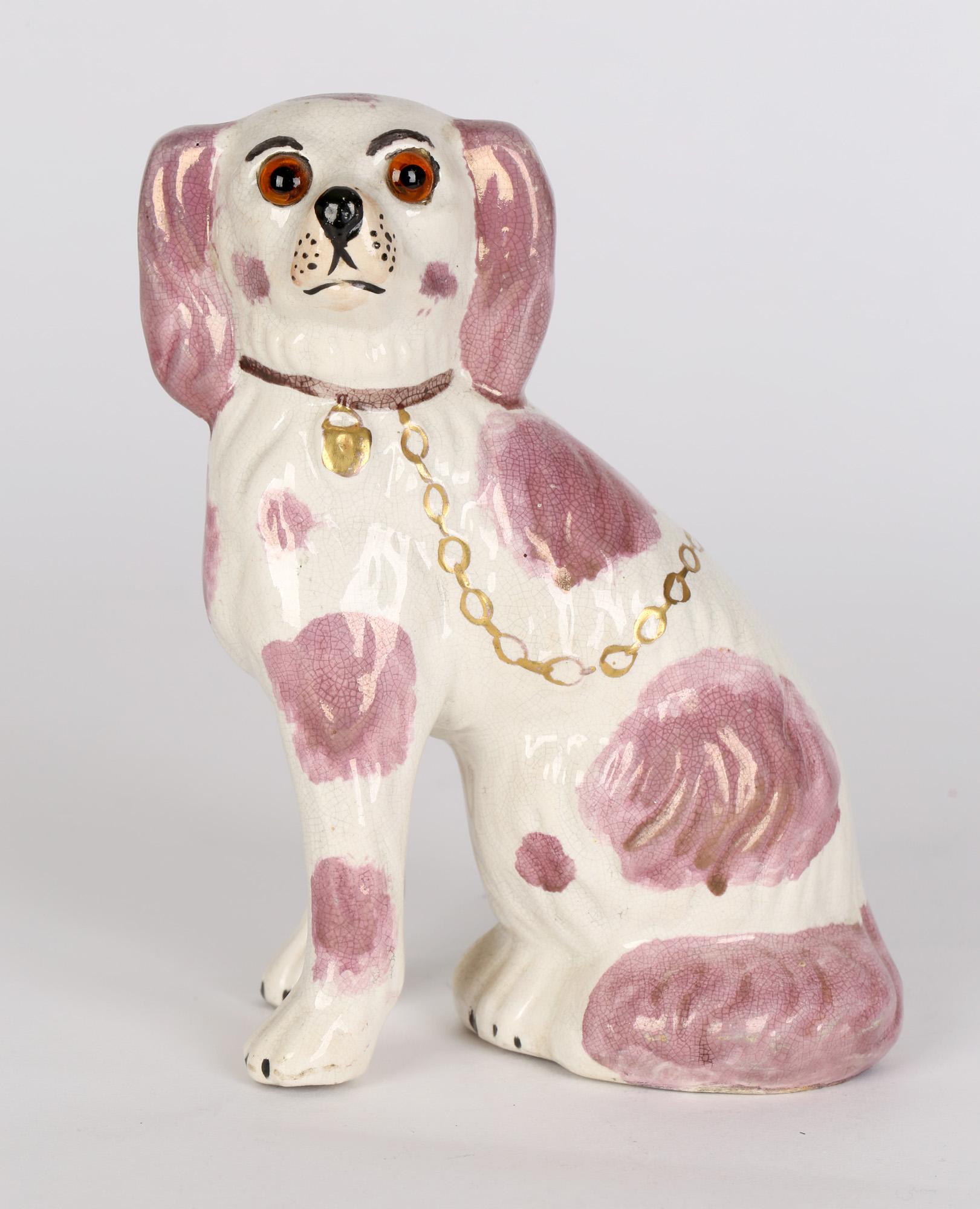 Staffordshire Unusual Pottery Pink Lustre Glass Eyed Dog c.1880 In Good Condition In Bishop's Stortford, Hertfordshire
