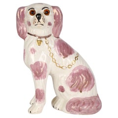 Antique Staffordshire Unusual Pottery Pink Lustre Glass Eyed Dog c.1880