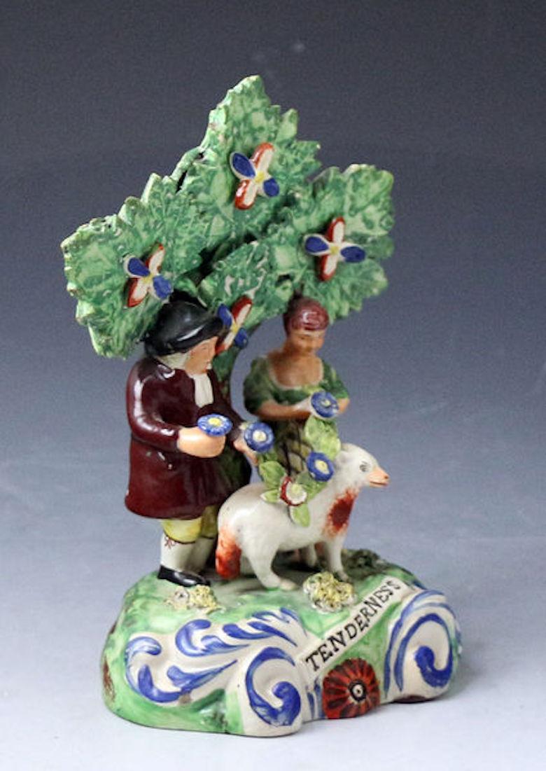 Staffordshire Walton Scroll Mark Pearlware Figure Group Titled Tenderness In Good Condition For Sale In Woodstock, OXFORDSHIRE