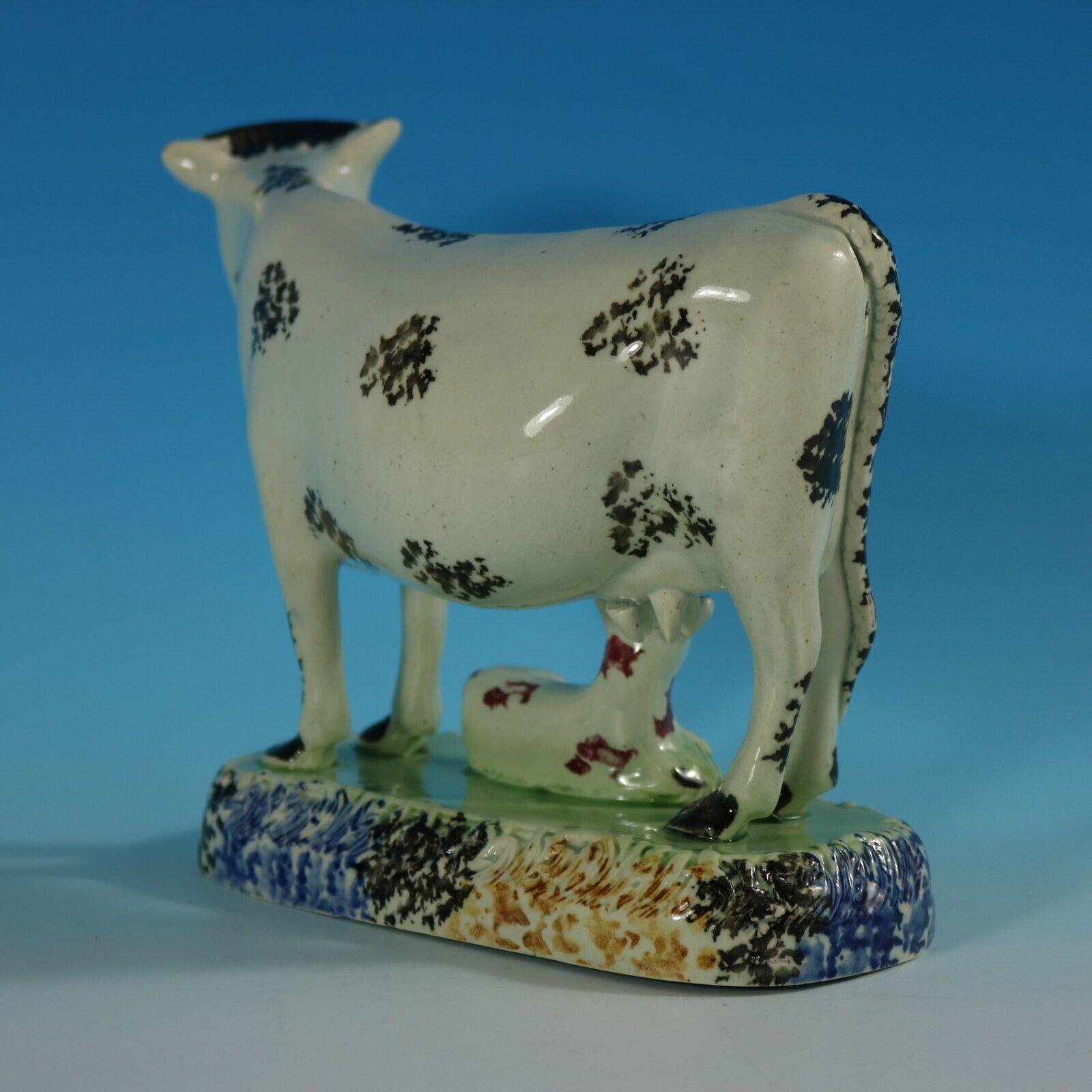 Georgian Staffordshire Yorkshire Pottery Prattware Cow & Calf Group For Sale