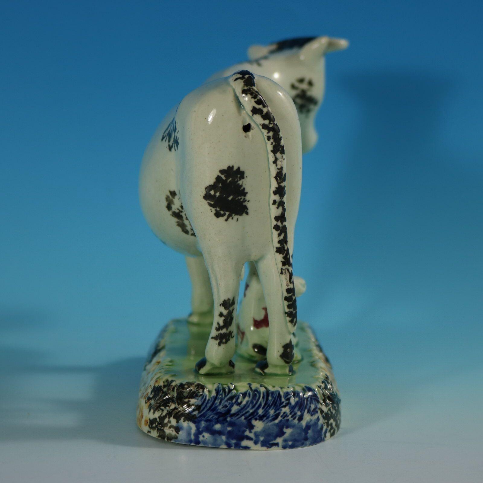 English Staffordshire Yorkshire Pottery Prattware Cow & Calf Group For Sale