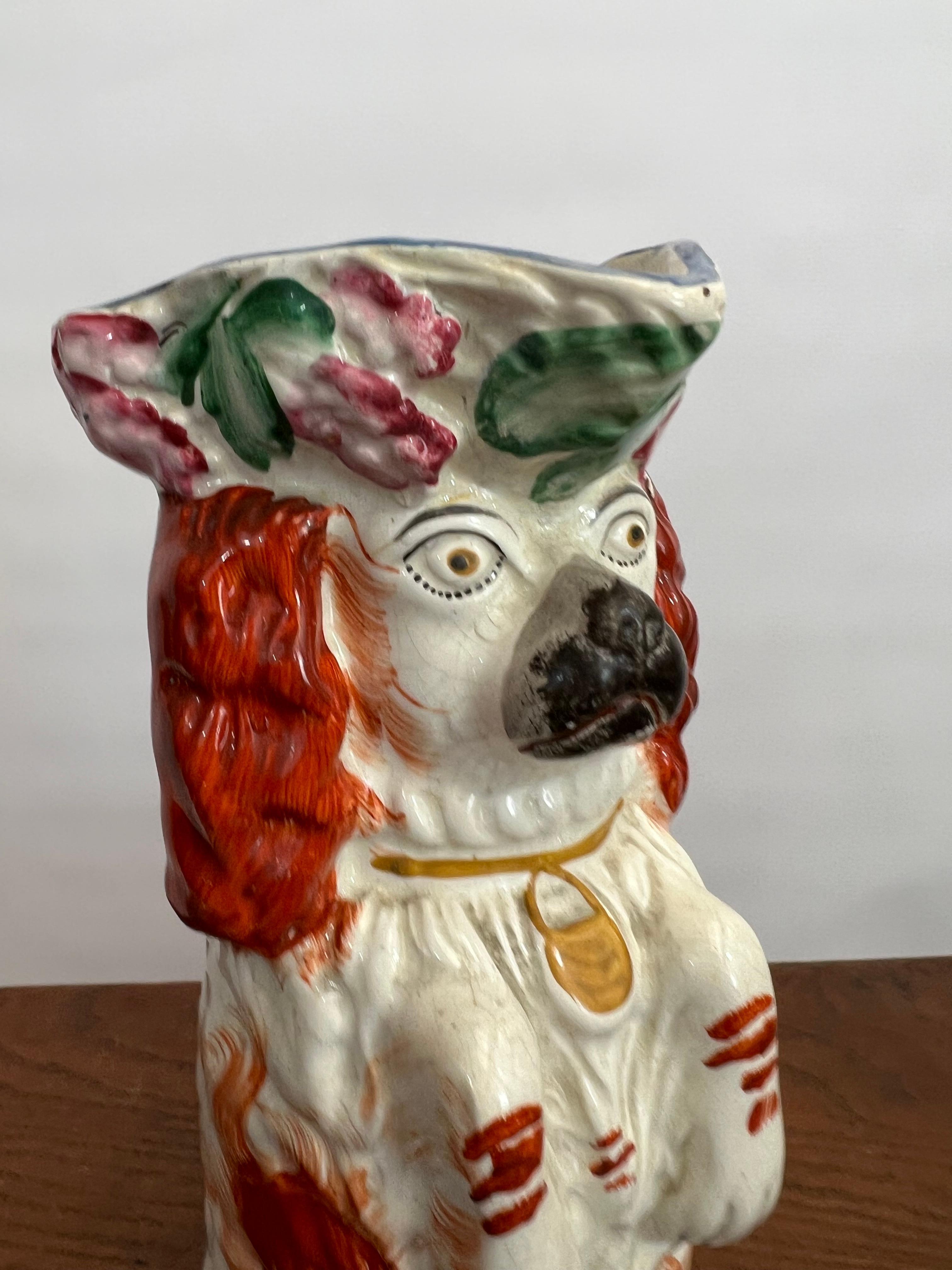 European Stafforshire pottery Spaniel dog majolica Water jug circa 1850
