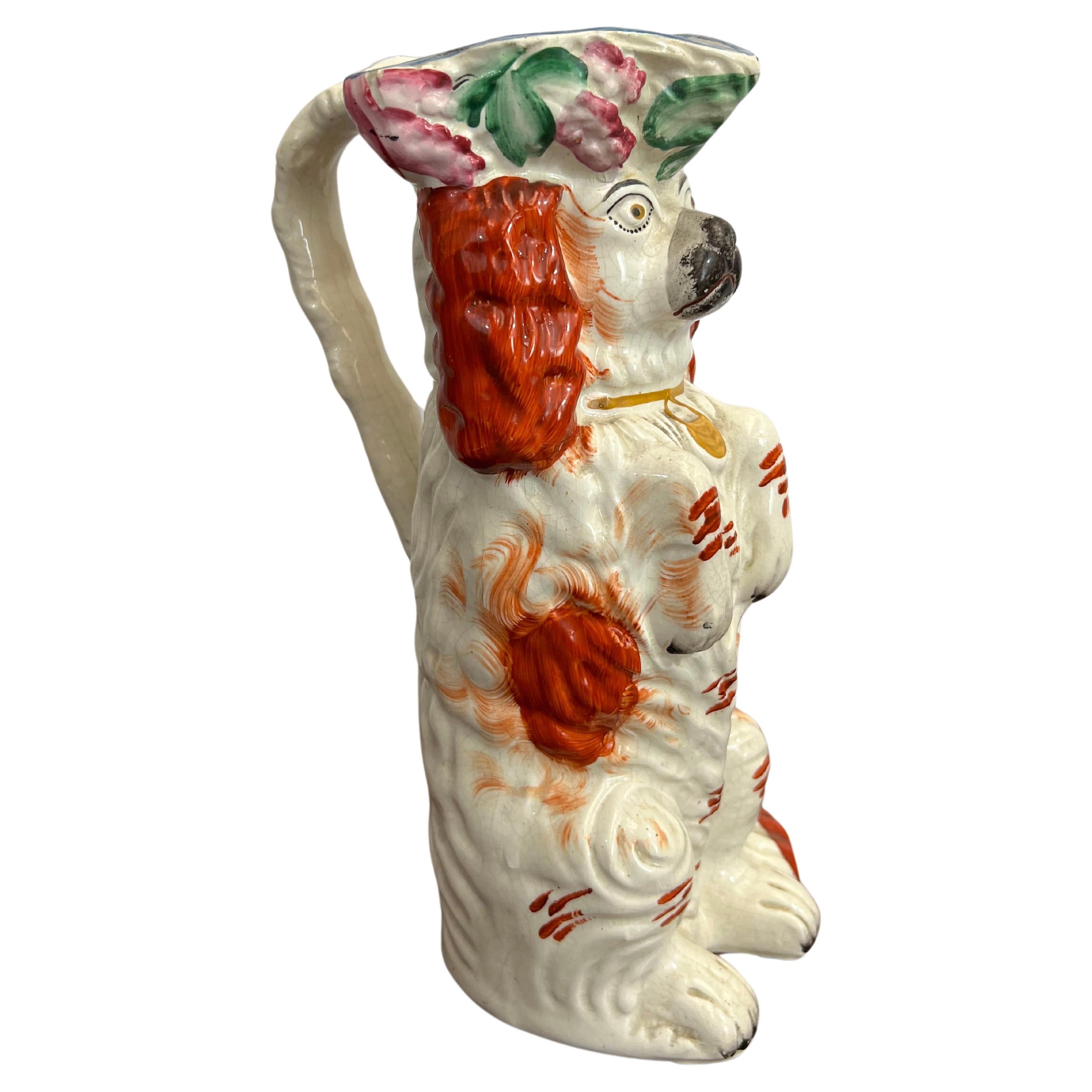 Stafforshire pottery Spaniel dog majolica Water jug circa 1850 For Sale