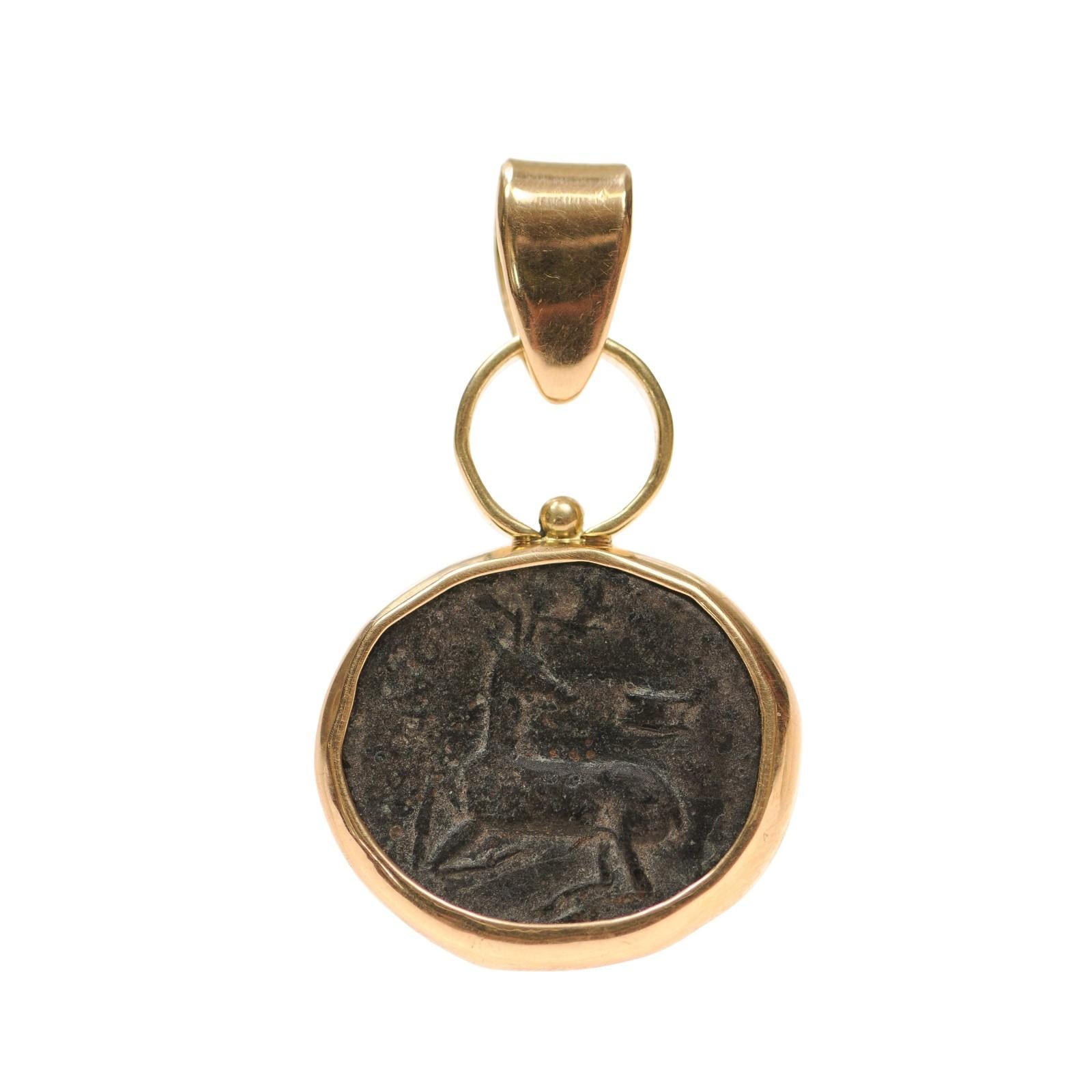 Stag & Bee Bronze [coin] Pendant with 18 Karat Gold (pendant only) For Sale 11