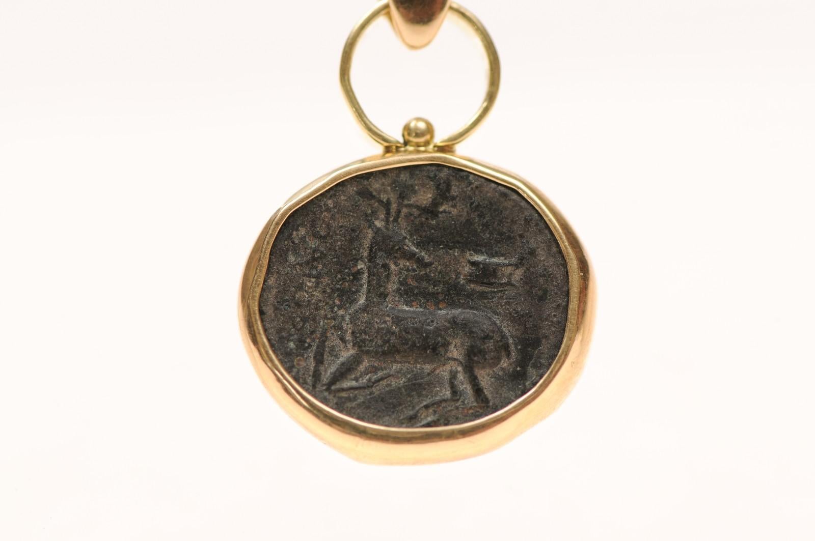 Stag & Bee Bronze [coin] Pendant with 18 Karat Gold (pendant only) In Excellent Condition For Sale In Atlanta, GA