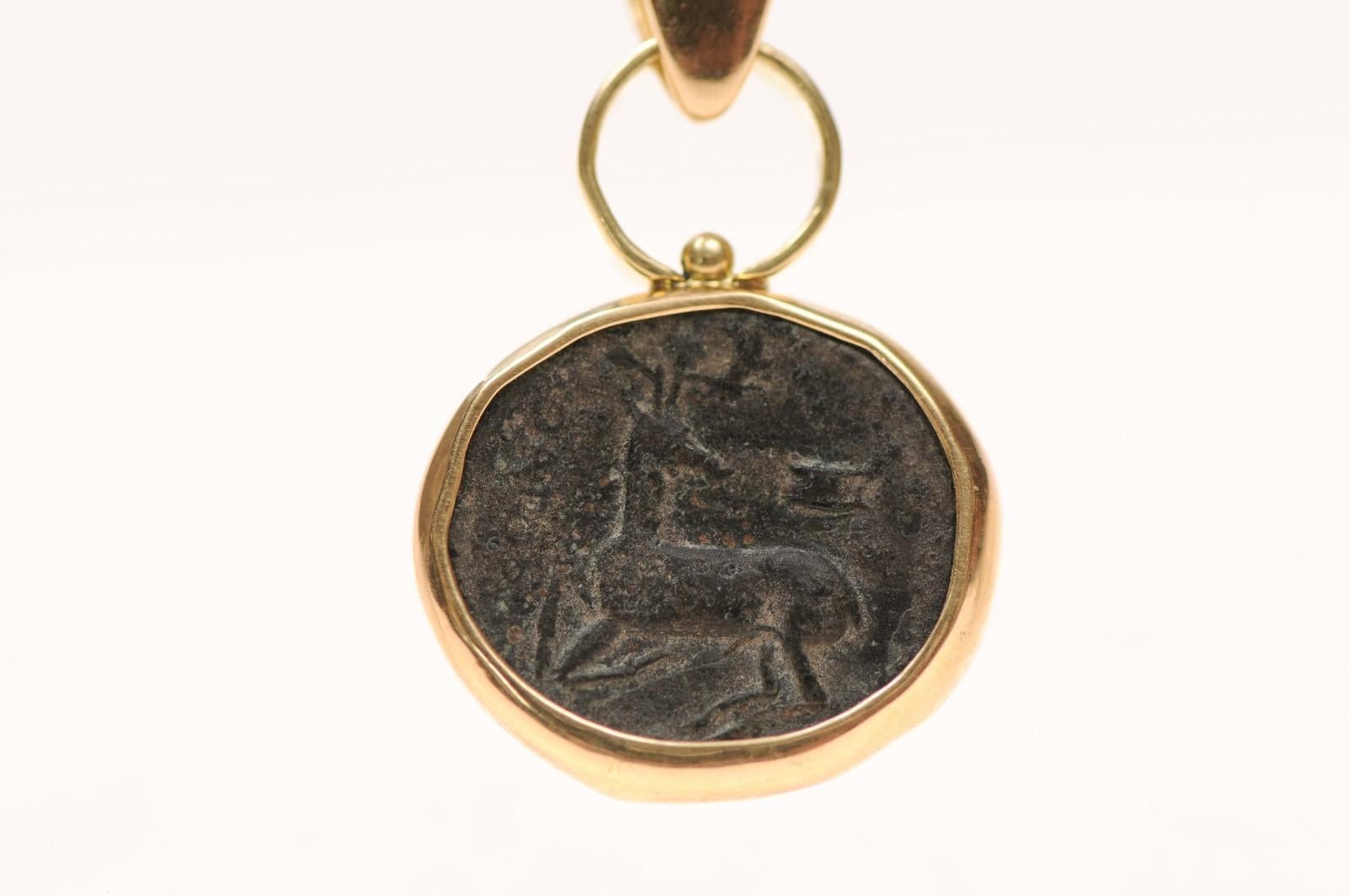 Women's or Men's Stag & Bee Bronze [coin] Pendant with 18 Karat Gold (pendant only) For Sale
