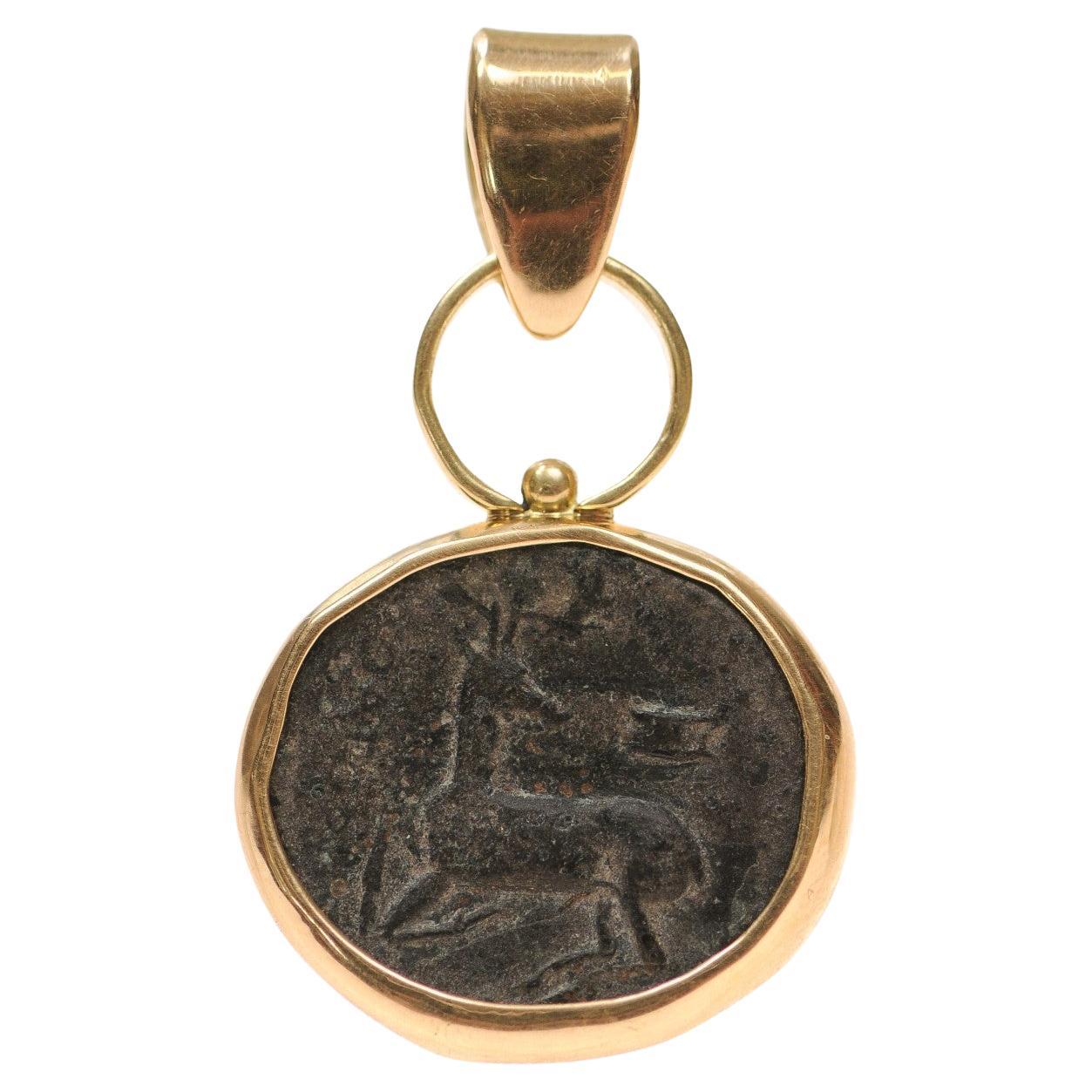 Stag & Bee Bronze [coin] Pendant with 18 Karat Gold (pendant only) For Sale