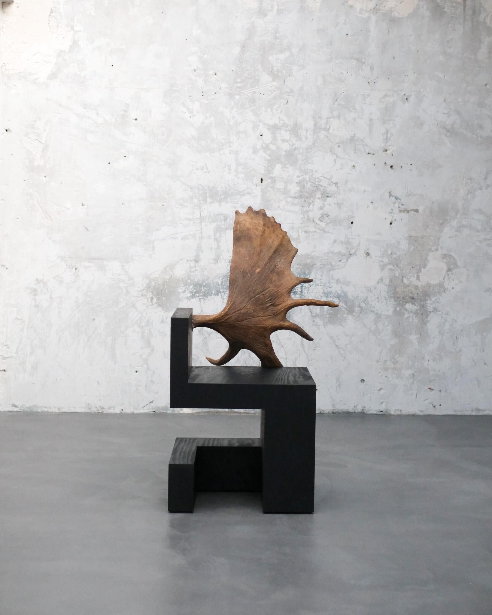 Sedia Stag di Rick Owens
Firmato e numerato
Edizione limitata di 4 pezzi
Dimensioni: D 69 x L 87 x H 127 cm. SH: 46 cm.
Materiali: Compensato bruciato e pantato e corna d'alce.

Rick Owens è un designer di moda e arredamento nato in California che