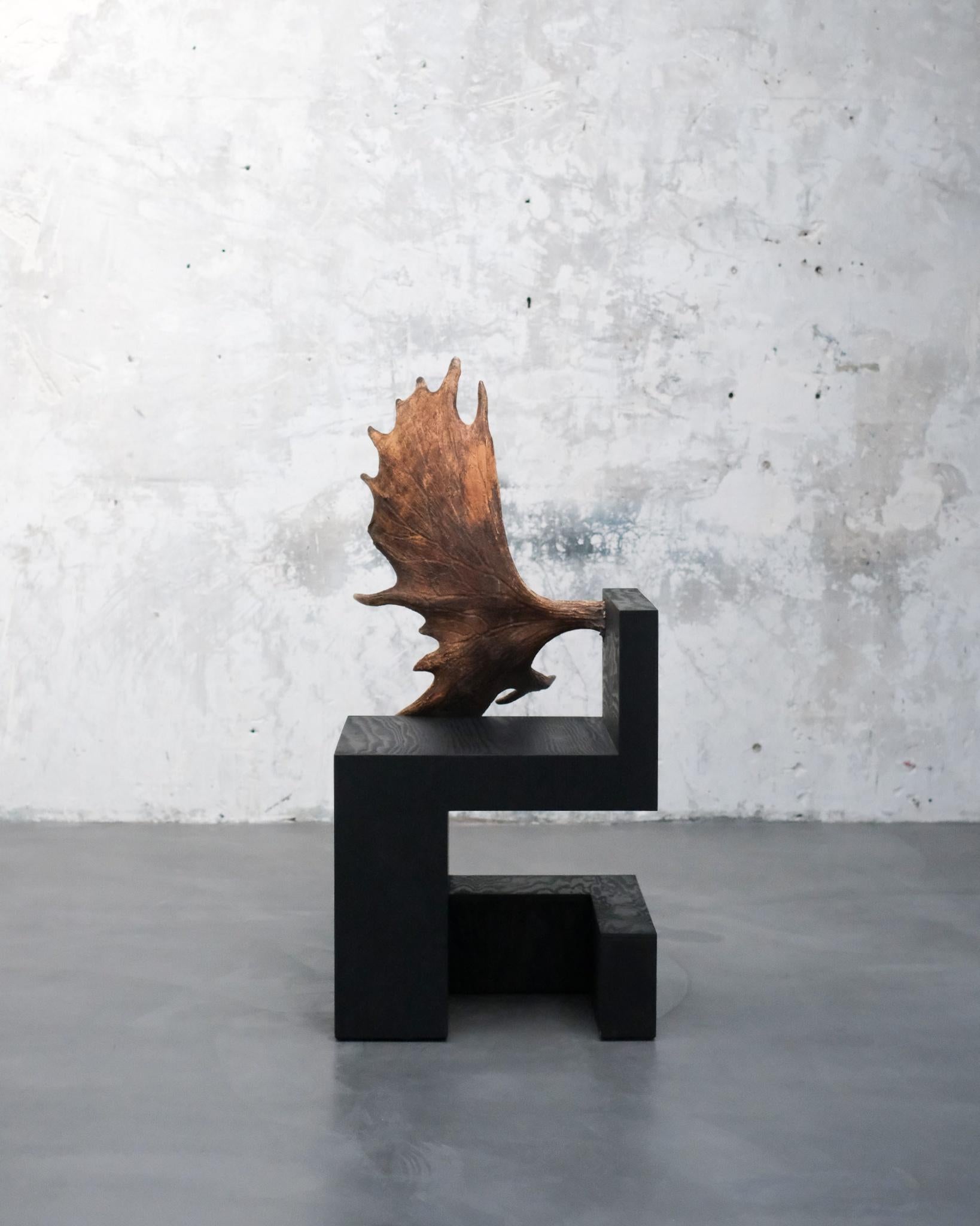 Sedia Stag di Rick Owens
Firmato e numerato
Edizione limitata di 20 pezzi
Dimensioni: D 69 x L 87 x H 127 cm. SH: 46 cm.
Materiali: Compensato bruciato e pantato e corna d'alce.

Rick Owens è un designer di moda e arredamento nato in California che
