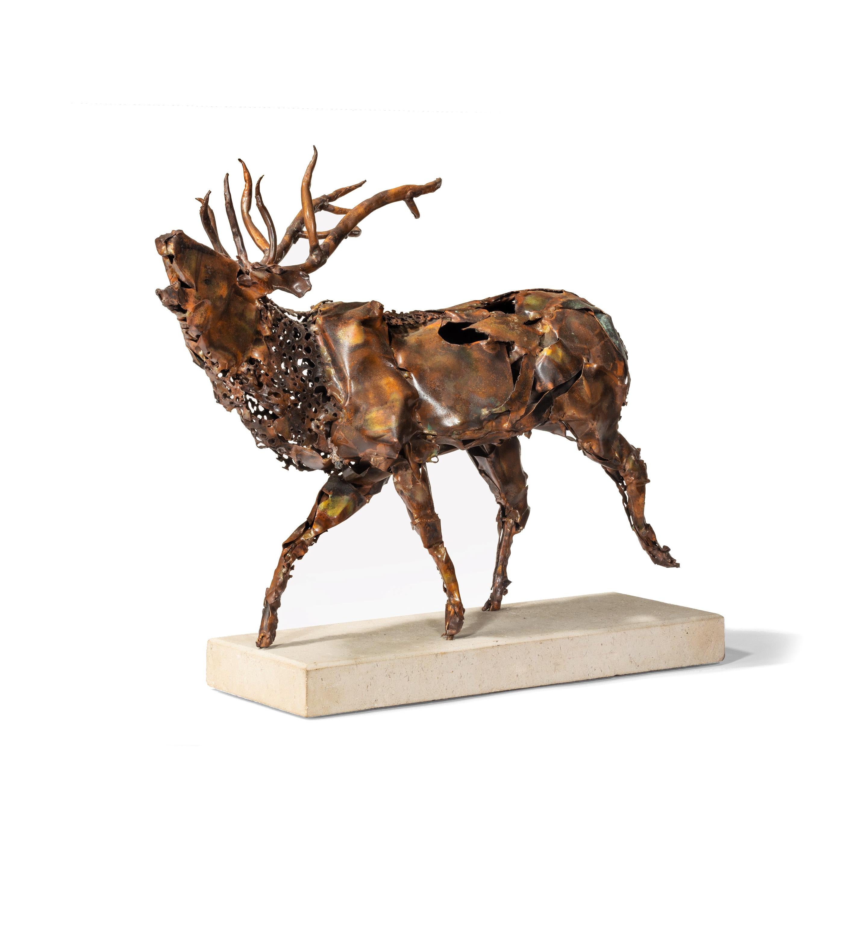 This Stag copper sculpture in a 'one off' original design set on a white limestone base, created by British artist Tony Evans. 

Tony graduated in 2003 from The Wirral Metropolitan College with a John Moores B.A. Honours Degree in Fine Art .
He was
