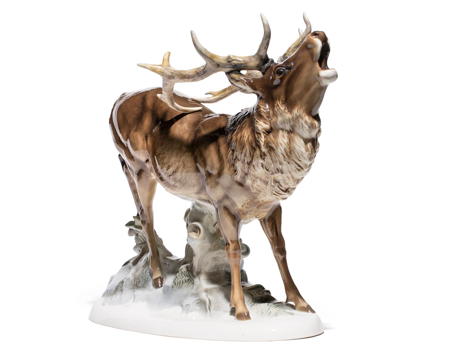 La porcelaine Stag Deer a été fabriquée par le Hutschenreuther - Selb - Kunstabteilung (atelier d'art). Le dessous porte les marques authentiques de la société Hutschenreuther-Selb. Un cerf est un mâle adulte et mature. Celui-ci beugle, peut-être