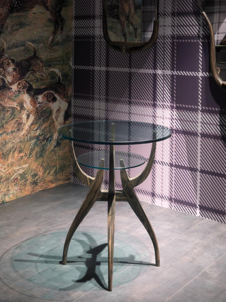 Modern STAG/G Bar table in Solid Walnut and Glass Tops designed by Nigel Coates For Sale