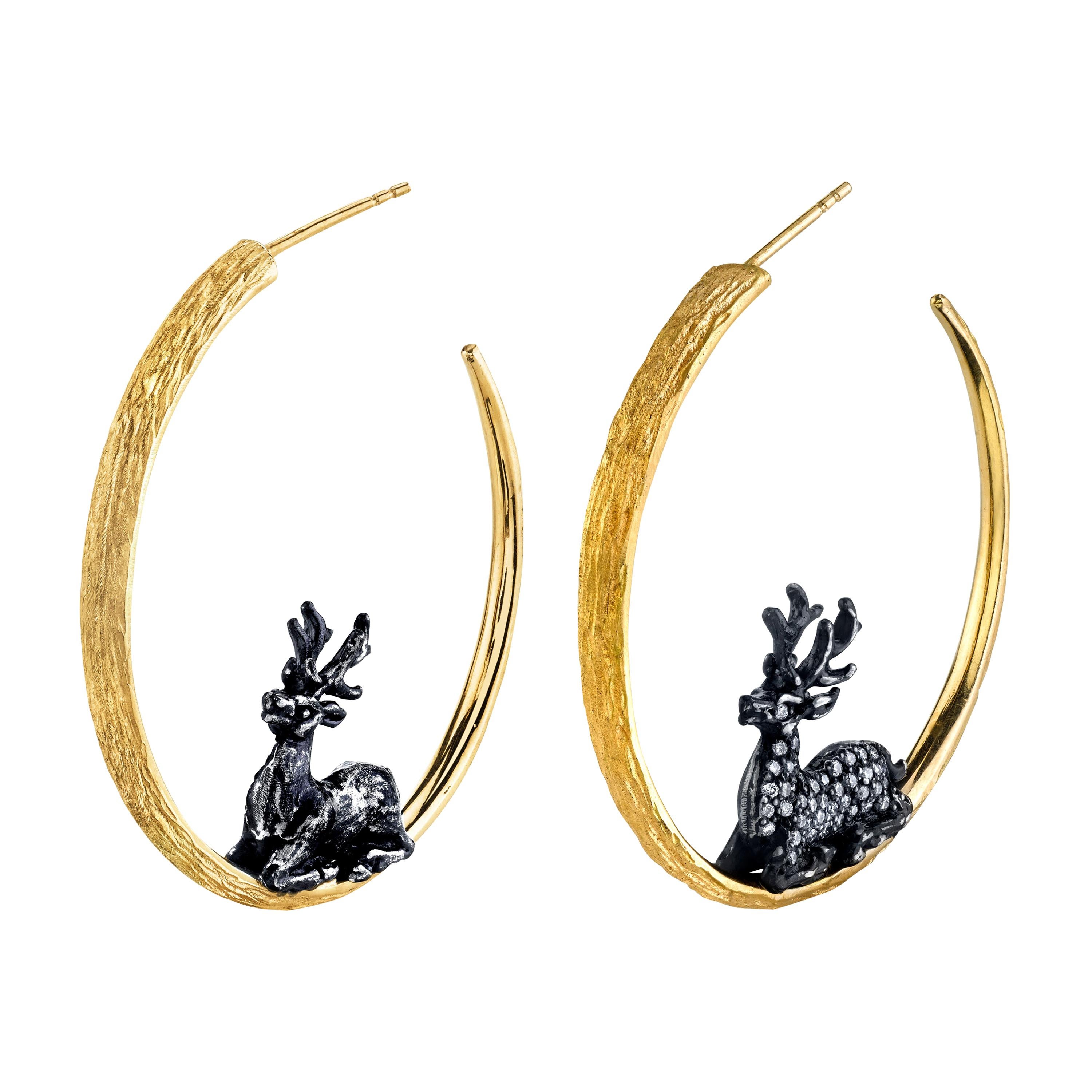 Stag Hoop Earrings with 18k Gold and Oxidized Silver For Sale