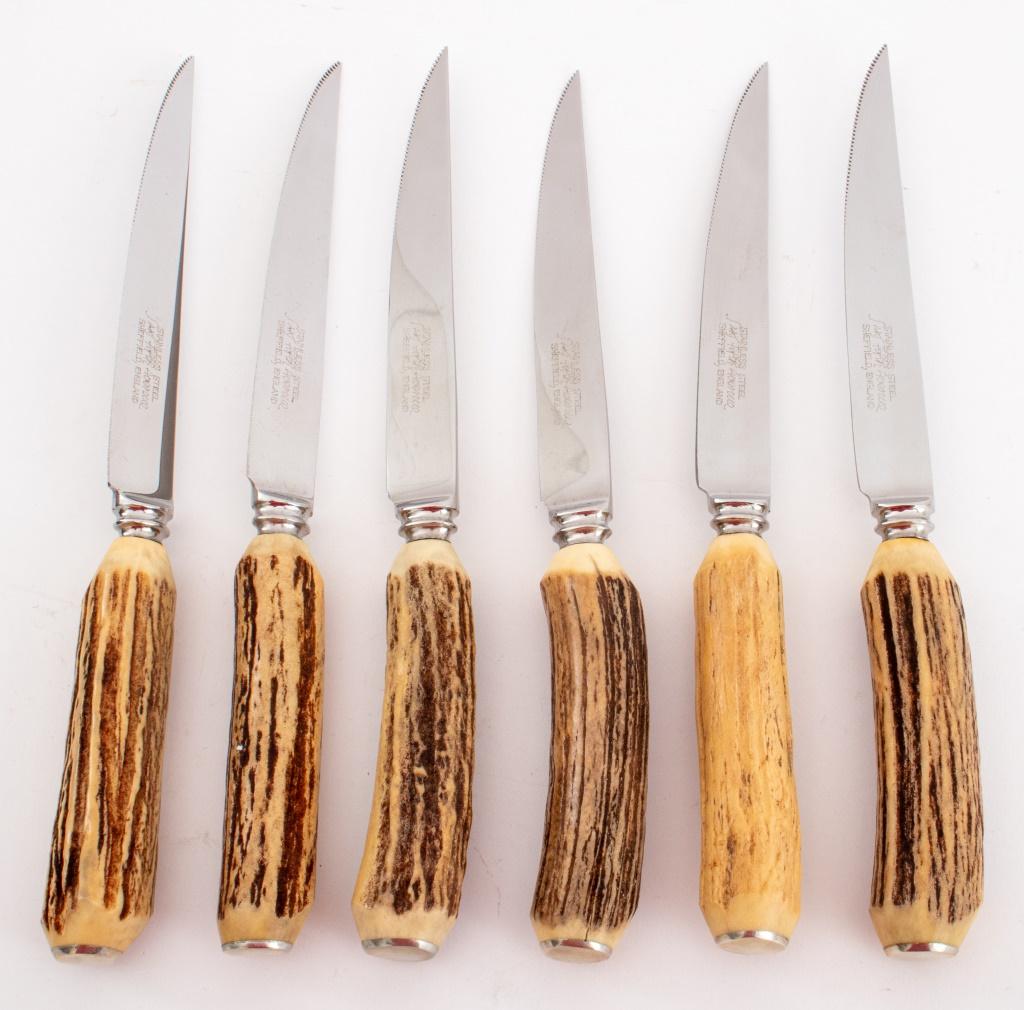 Stag Horn Handled Sheffield Meat Knives, Set of Six In Good Condition In New York, NY