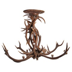 Antique Stag Horns and Craved Wood Chandelier, Austria, 1880
