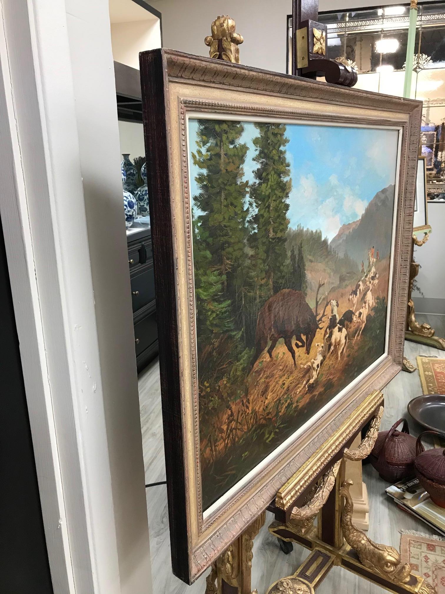 Painted Stag Hunt Scene Oil Painting For Sale