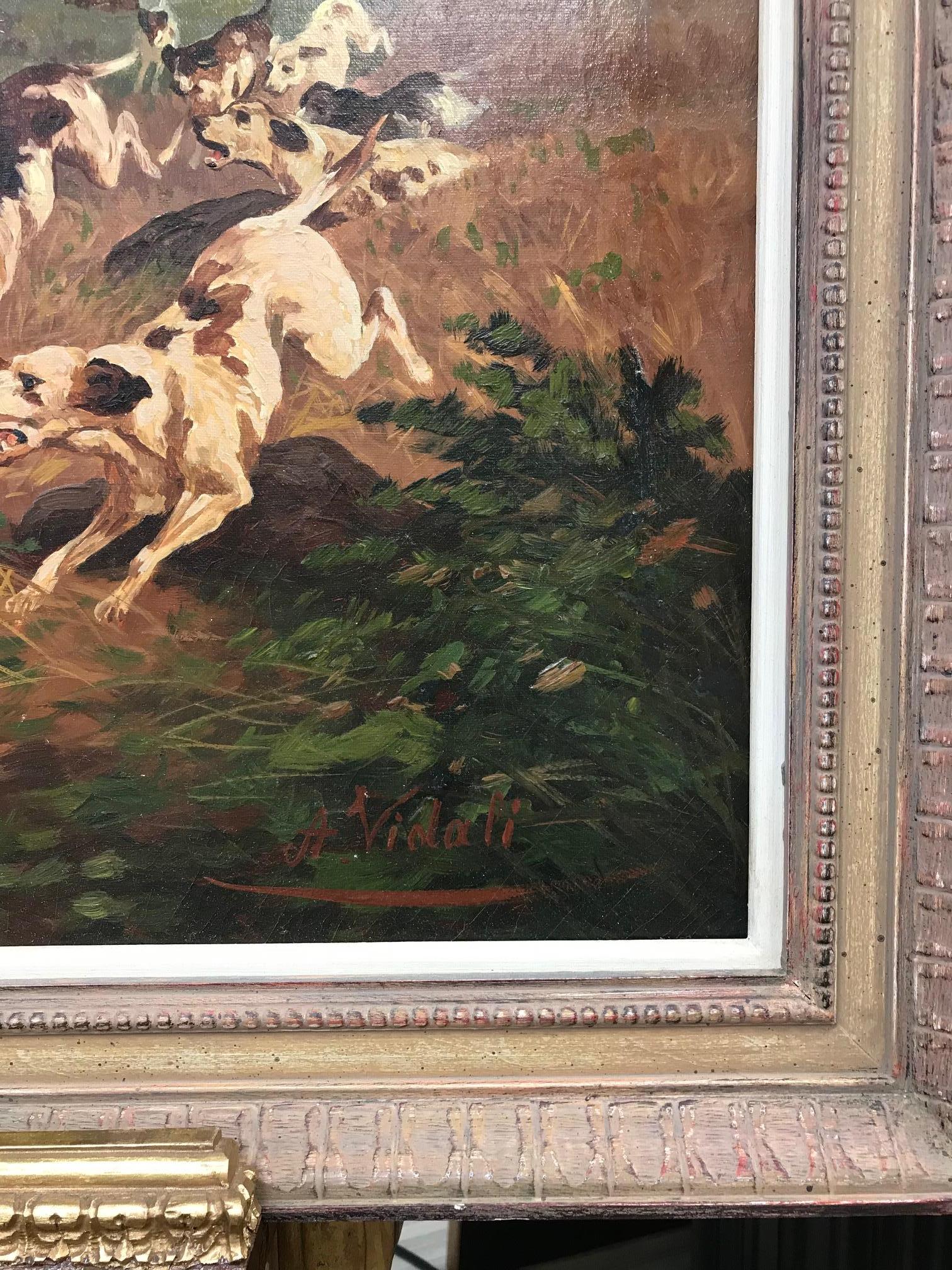 Stag Hunt Scene Oil Painting In Good Condition For Sale In Chamblee, GA