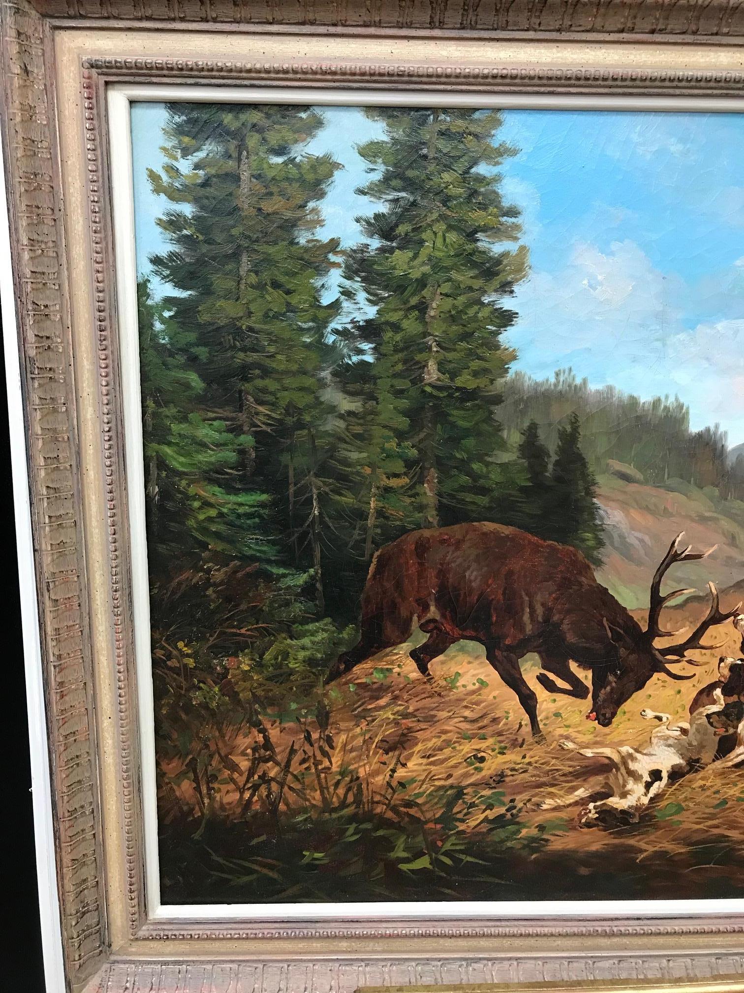 20th Century Stag Hunt Scene Oil Painting For Sale
