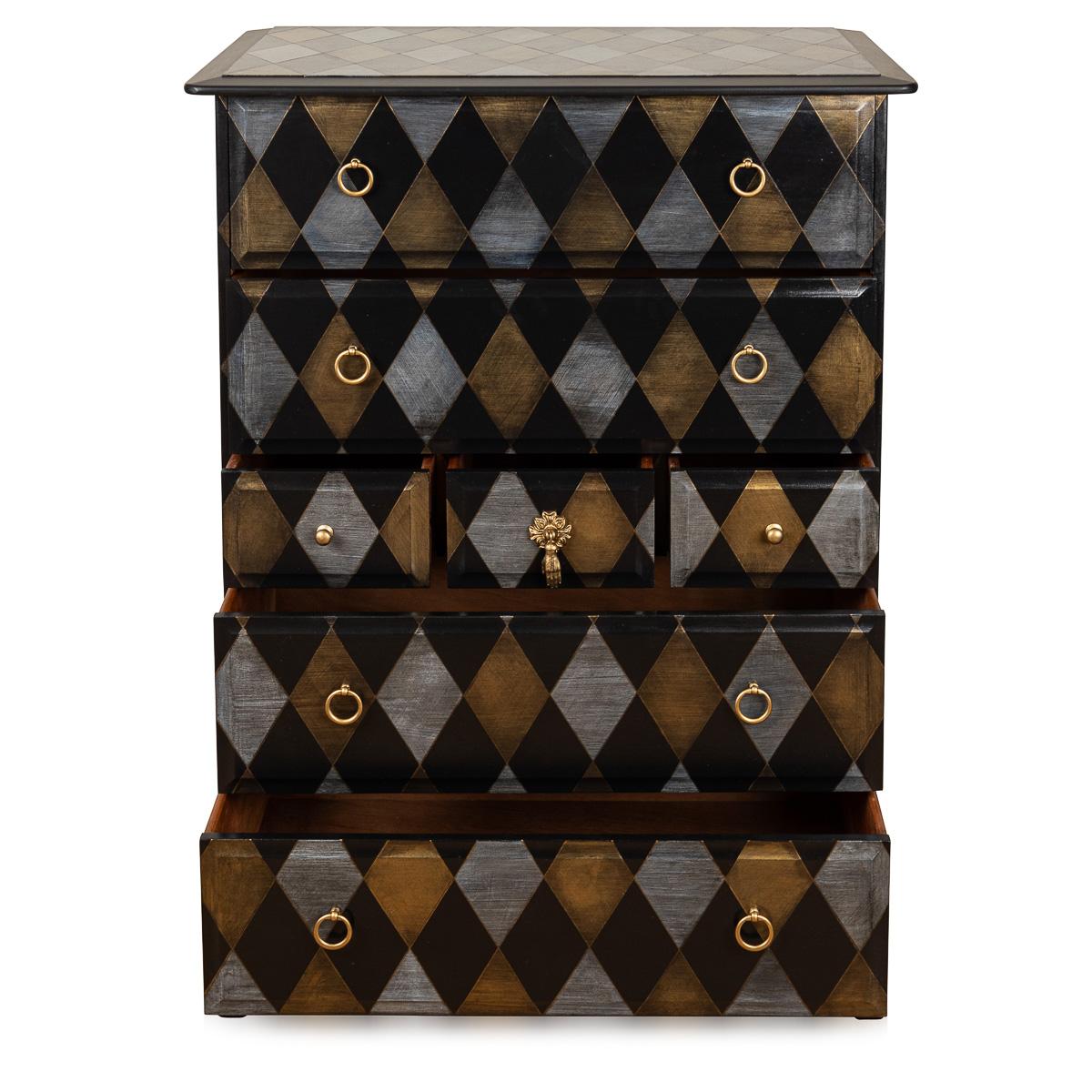 Mid-Century Modern Stag Minstrel Chest Of Drawers Handpainted With 'Venetian Harlequin' Design For Sale