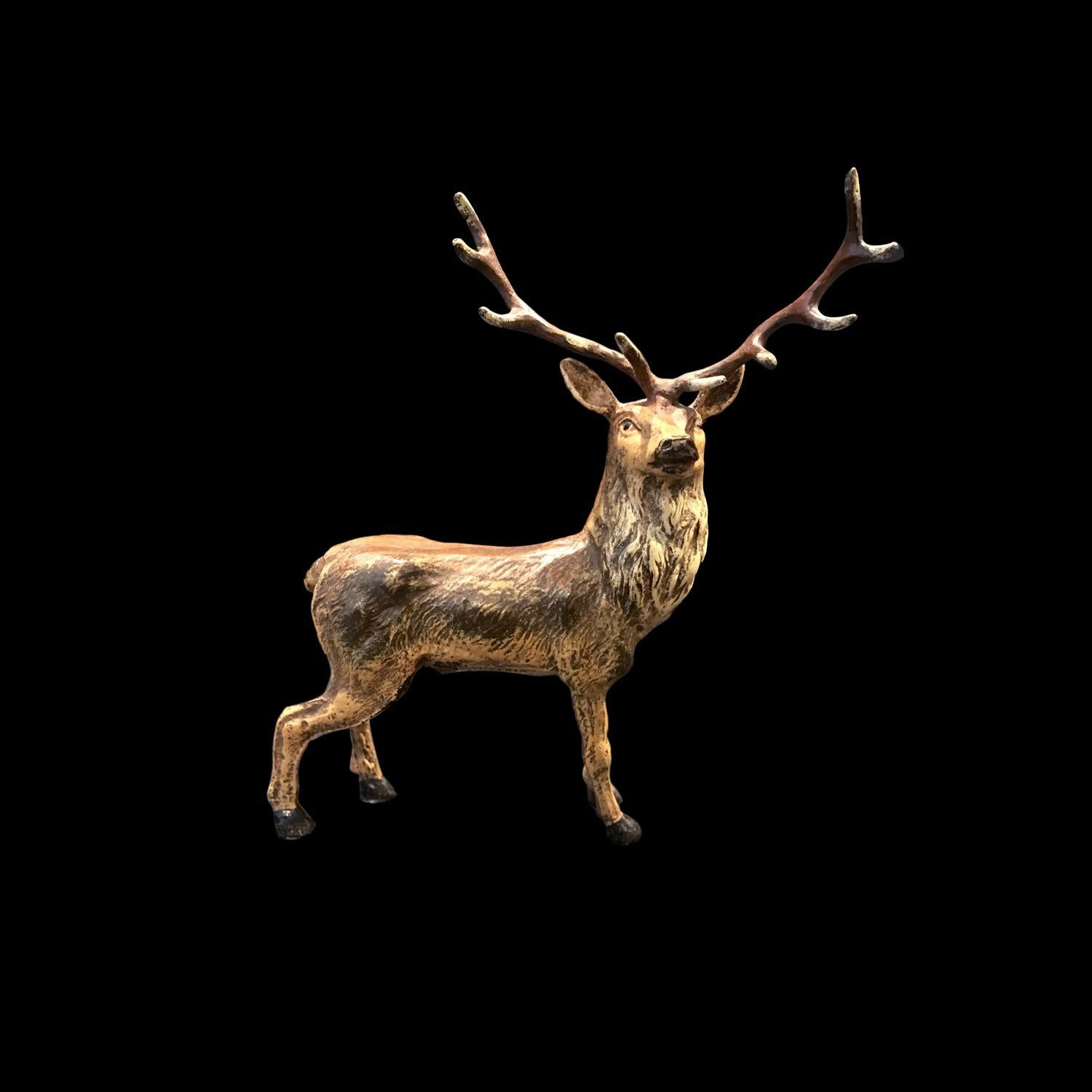 Sculpture of cold-painted bronze stag realized in a naturalistic way in ochre and brown tones with large and impressive antlers.

Mark beneath the belly: 