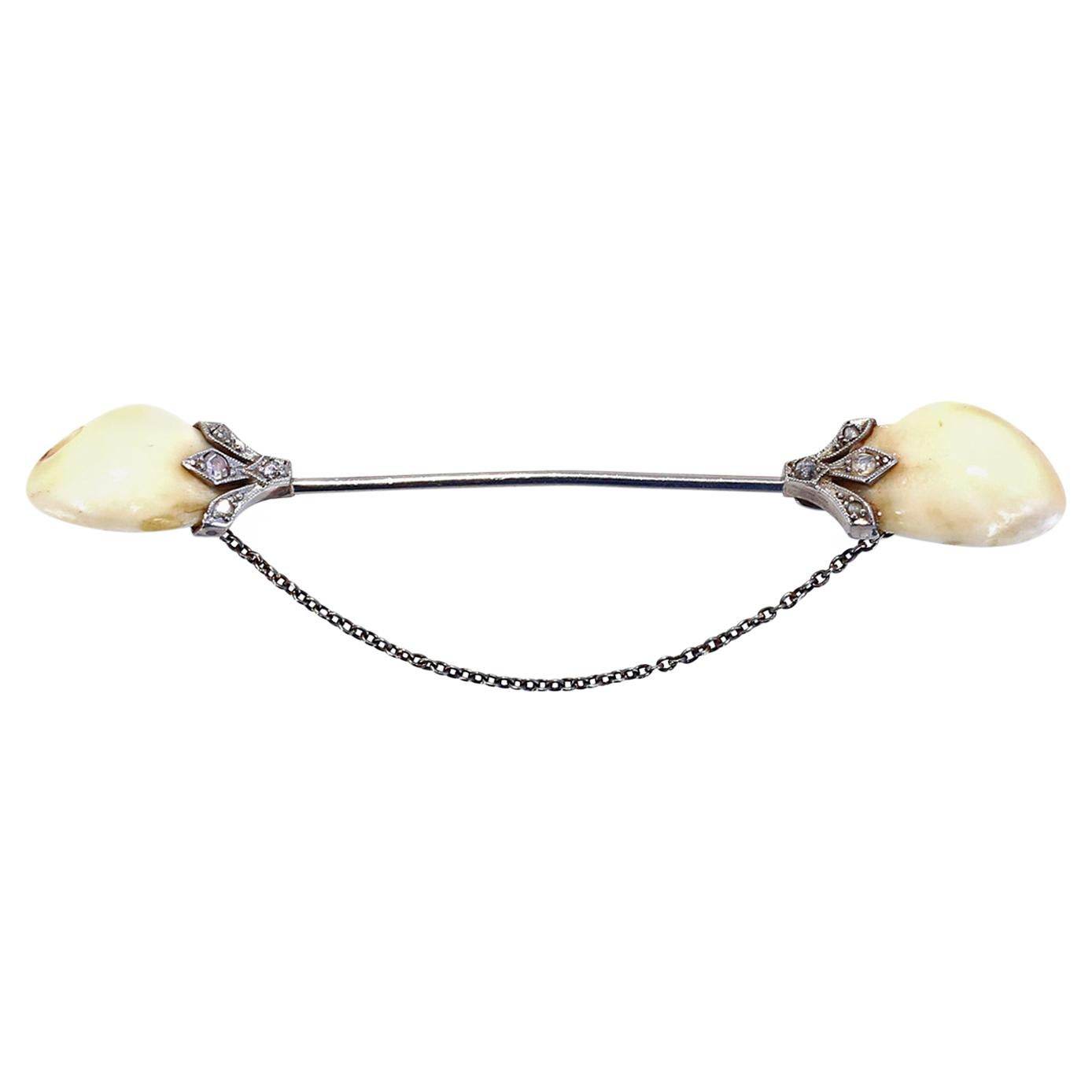 Stag Teeth Hunting  Rose Diamonds Pin Brooch British Whimsical, 19th Century