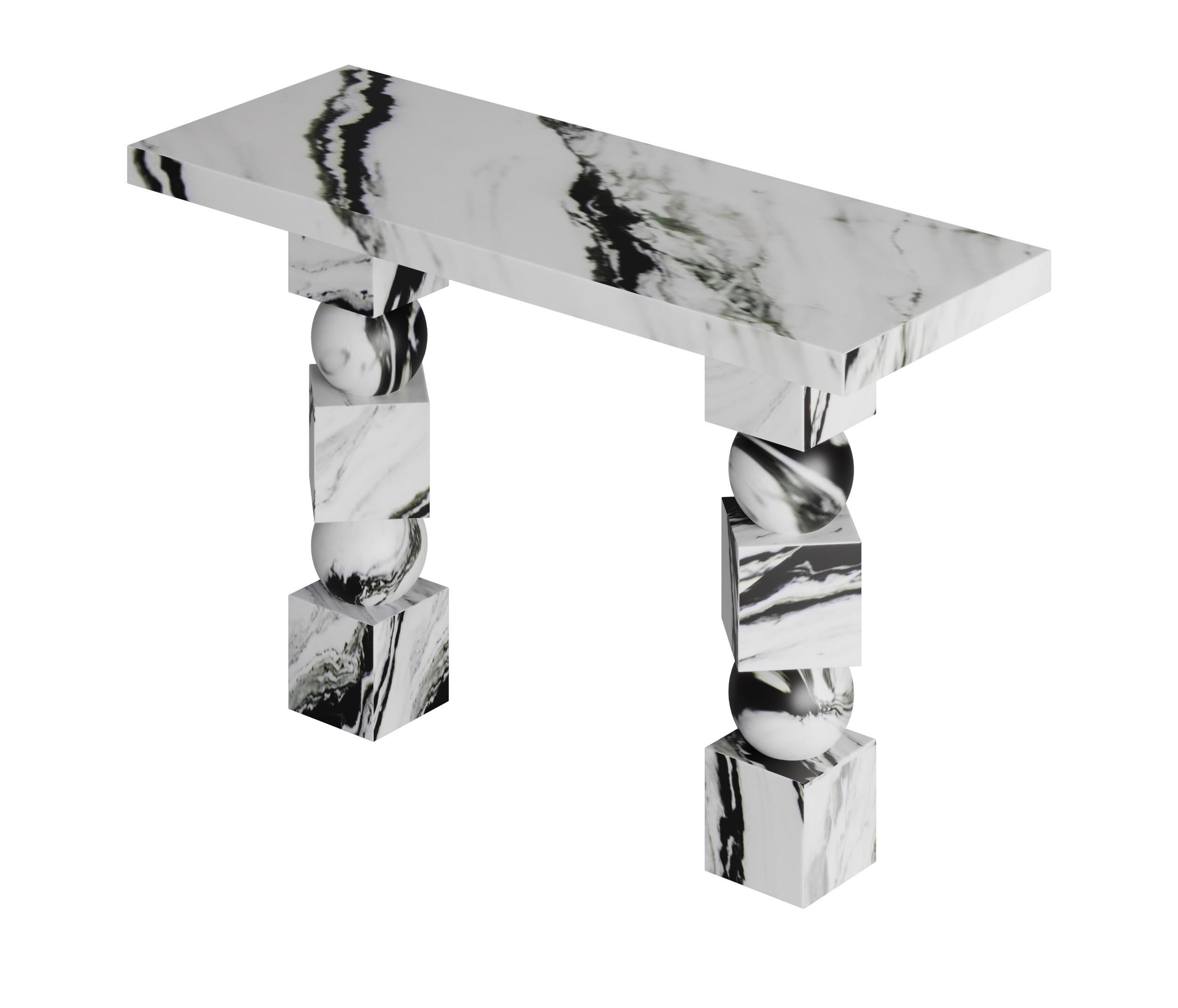 Our Stage Console Table stands as a remarkable fusion of artistic ingenuity and geometric precision. Crafted from the finest Italian marble, this console table encapsulates modern aesthetics, timeless elegance, and exceptional craftsmanship. With