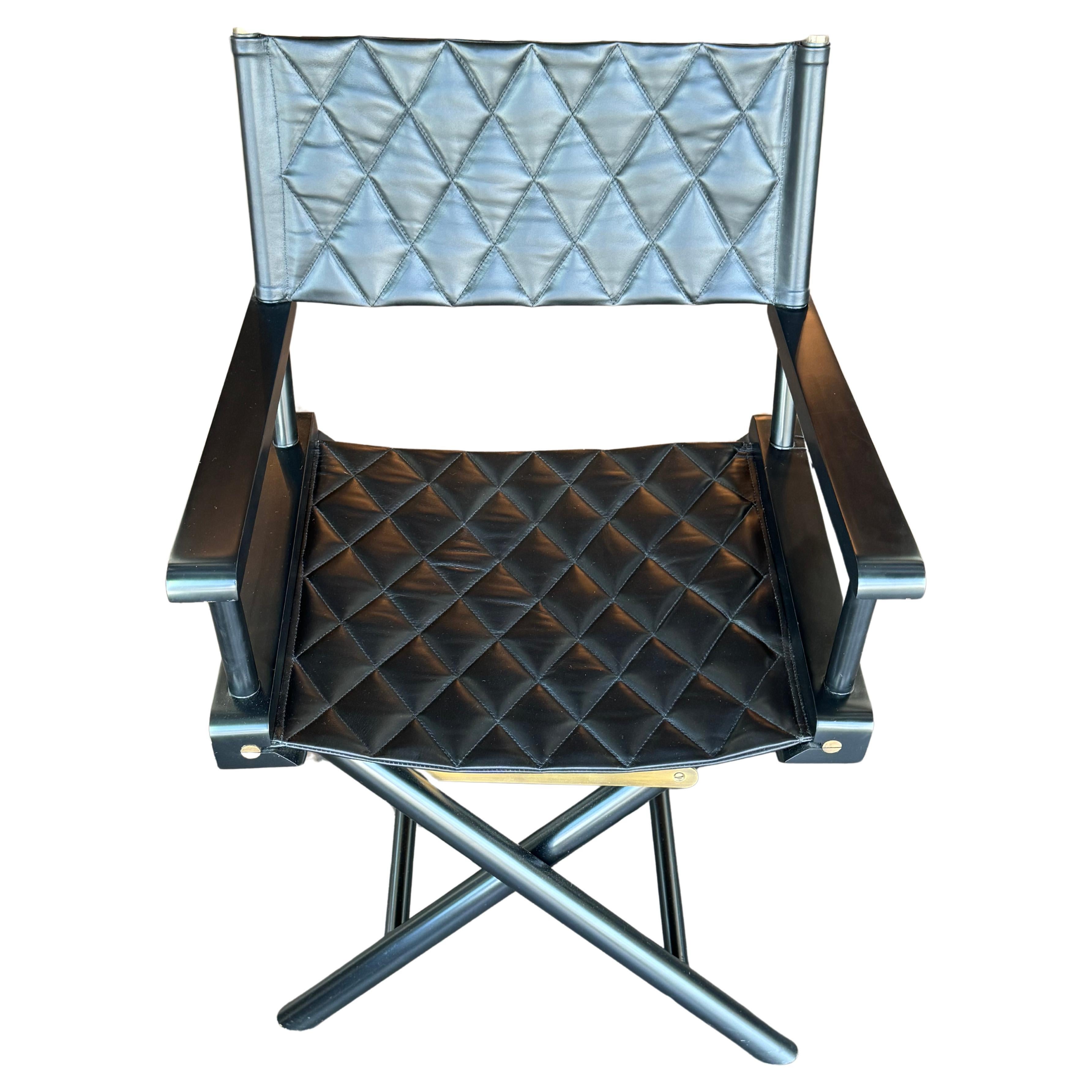 Hollywood Regency Stage Eleven Seven Quilted Black Leather Vanity Chair For Sale