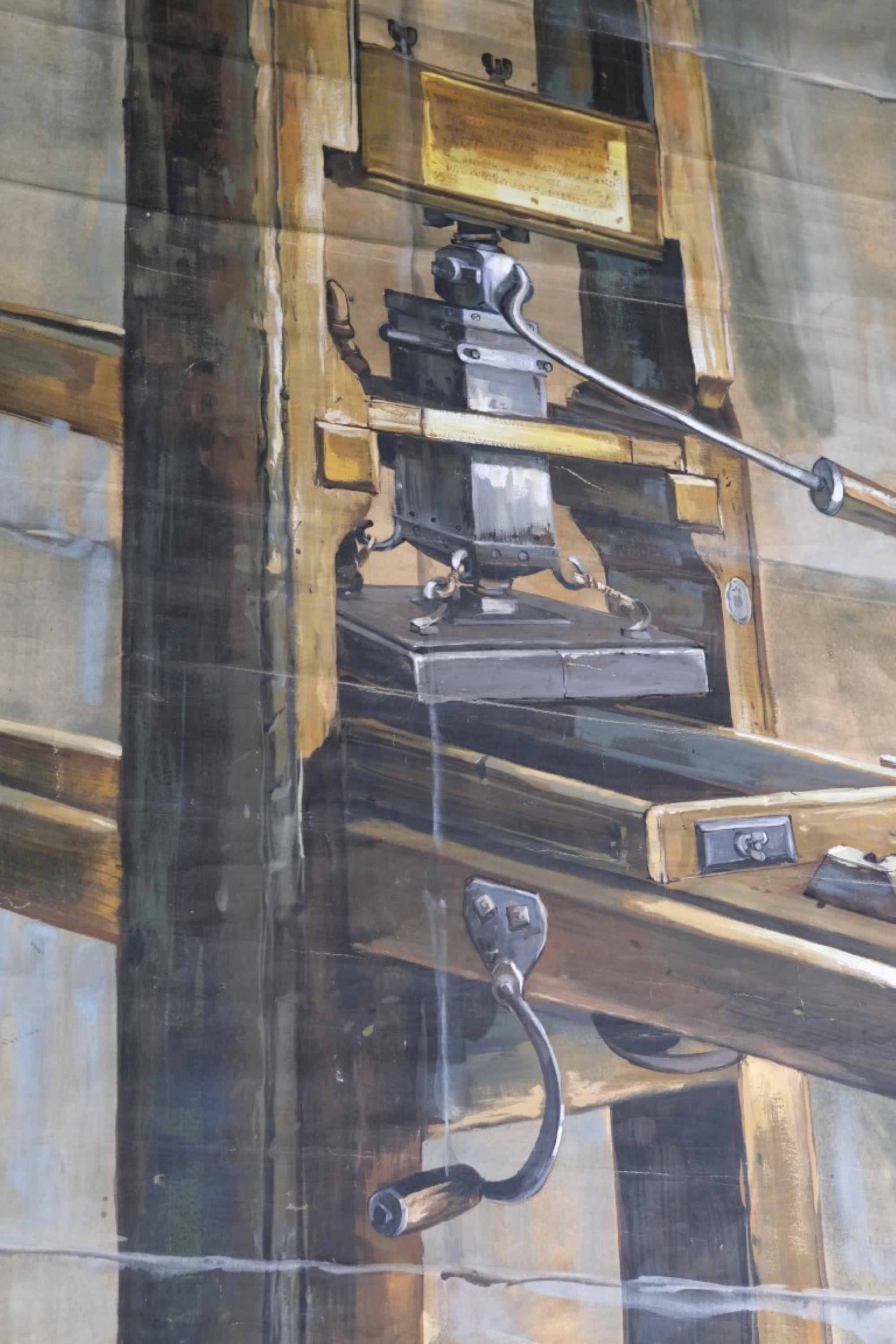 Industrial Stage Prop Scene Oil Painting on Canvas of Printing Press For Sale