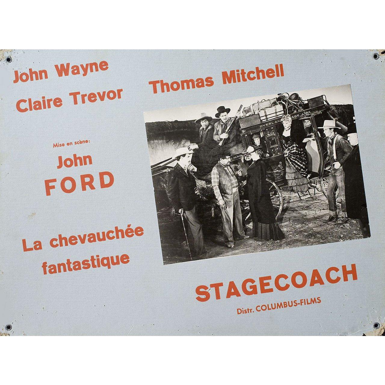 Original 1970s Swiss scene card for the 1939 film “Stagecoach” directed by John Ford with Claire Trevor / John Wayne / Andy Devine / John Carradine. Very good condition. Please note: the size is stated in inches and the actual size can vary by an