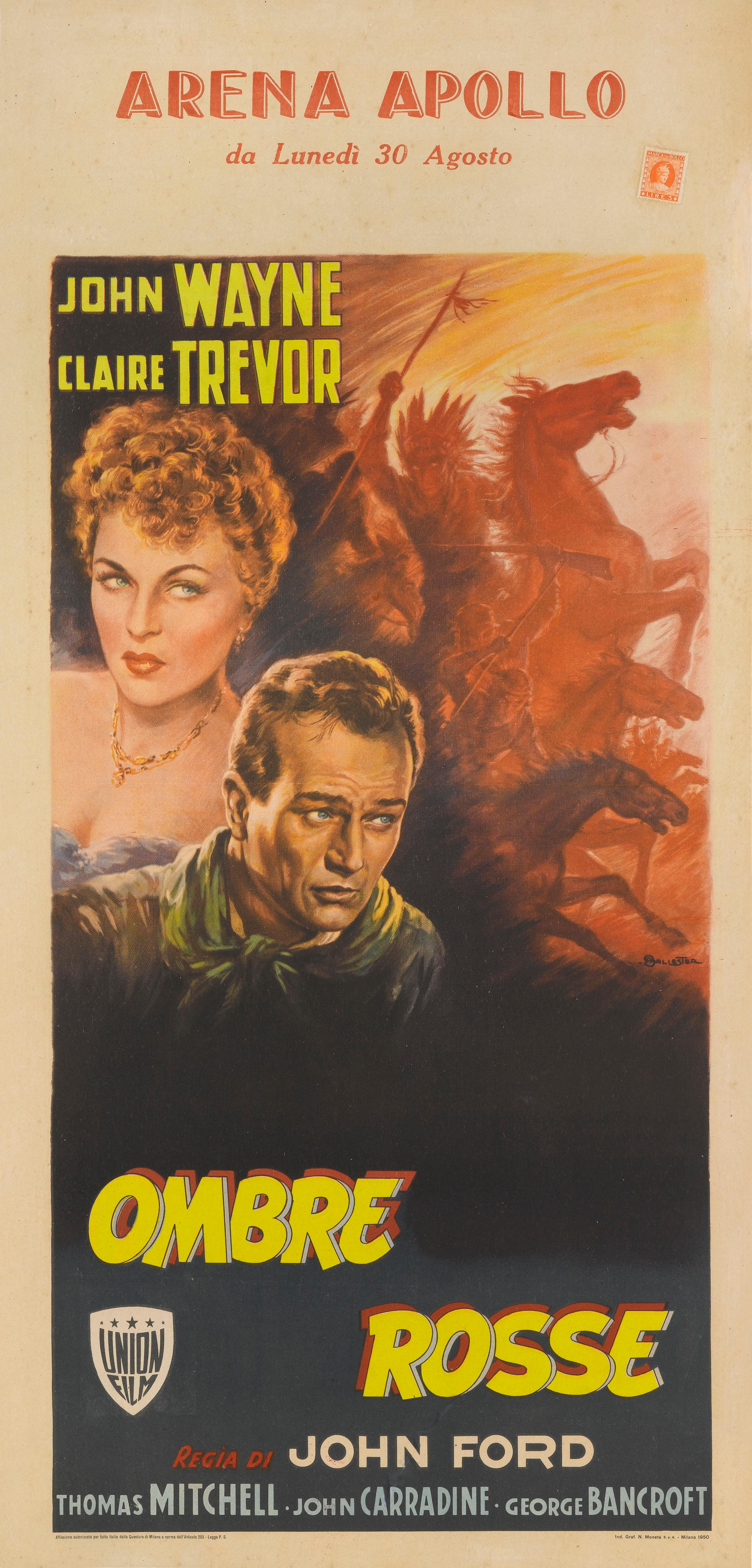 Außergewöhnlich seltenes originales italienisches Filmplakat für John Fords bahnbrechenden Western von 1939 mit John Wayne in der Hauptrolle und. Das Kunstwerk auf diesem Plakat stammt von Anselmo Ballester (1897-1974) und ist einzigartig für die
