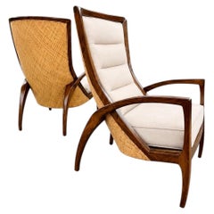 Staggering Pair of Organic Grasshopper Chairs in Cane and Oak by McGuire