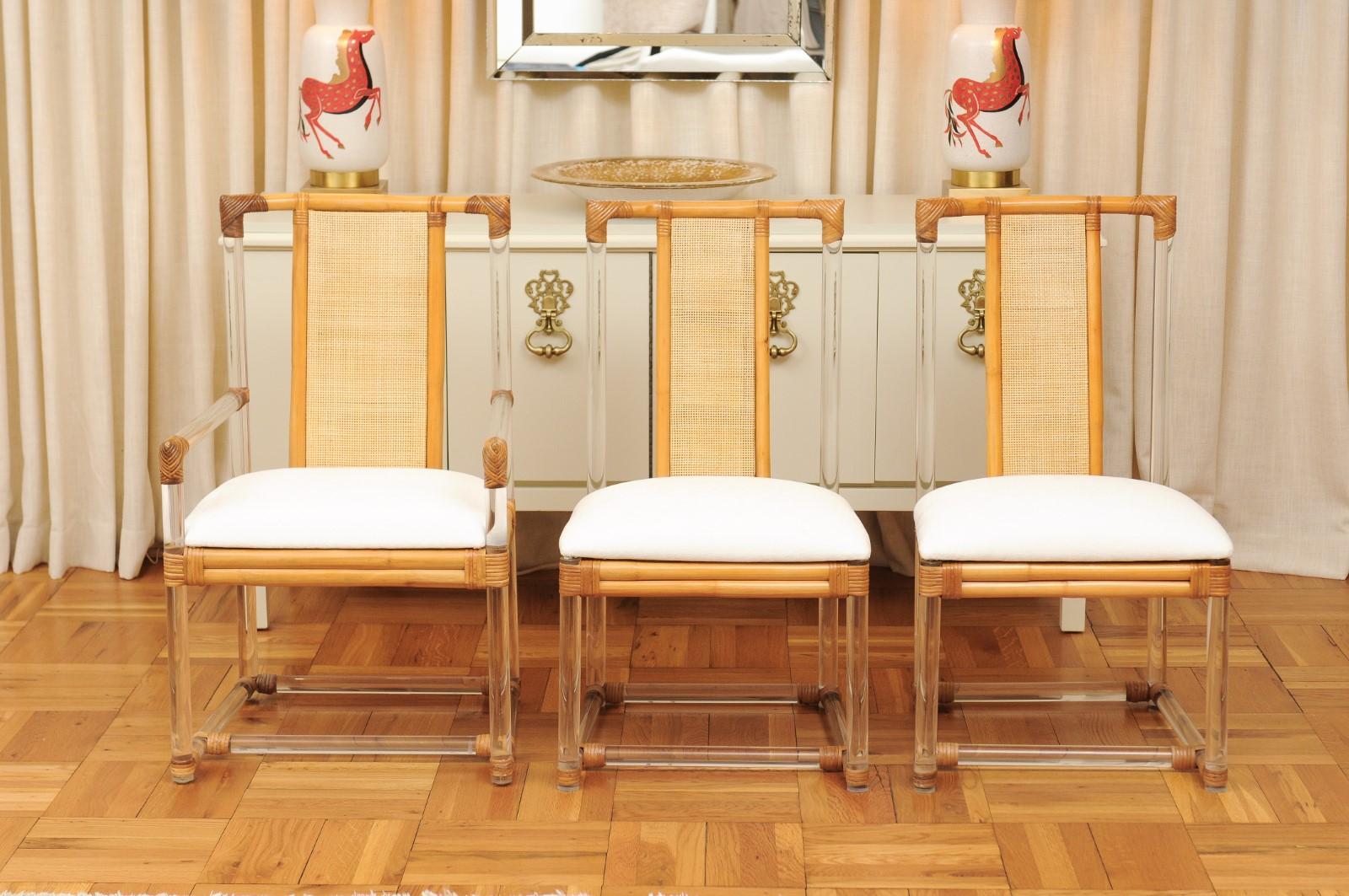 These magnificent dining chairs are shipped as professionally photographed and described in the listing narrative: Meticulously professionally restored and installation ready. Expert custom upholstery service is available.

An absolutely