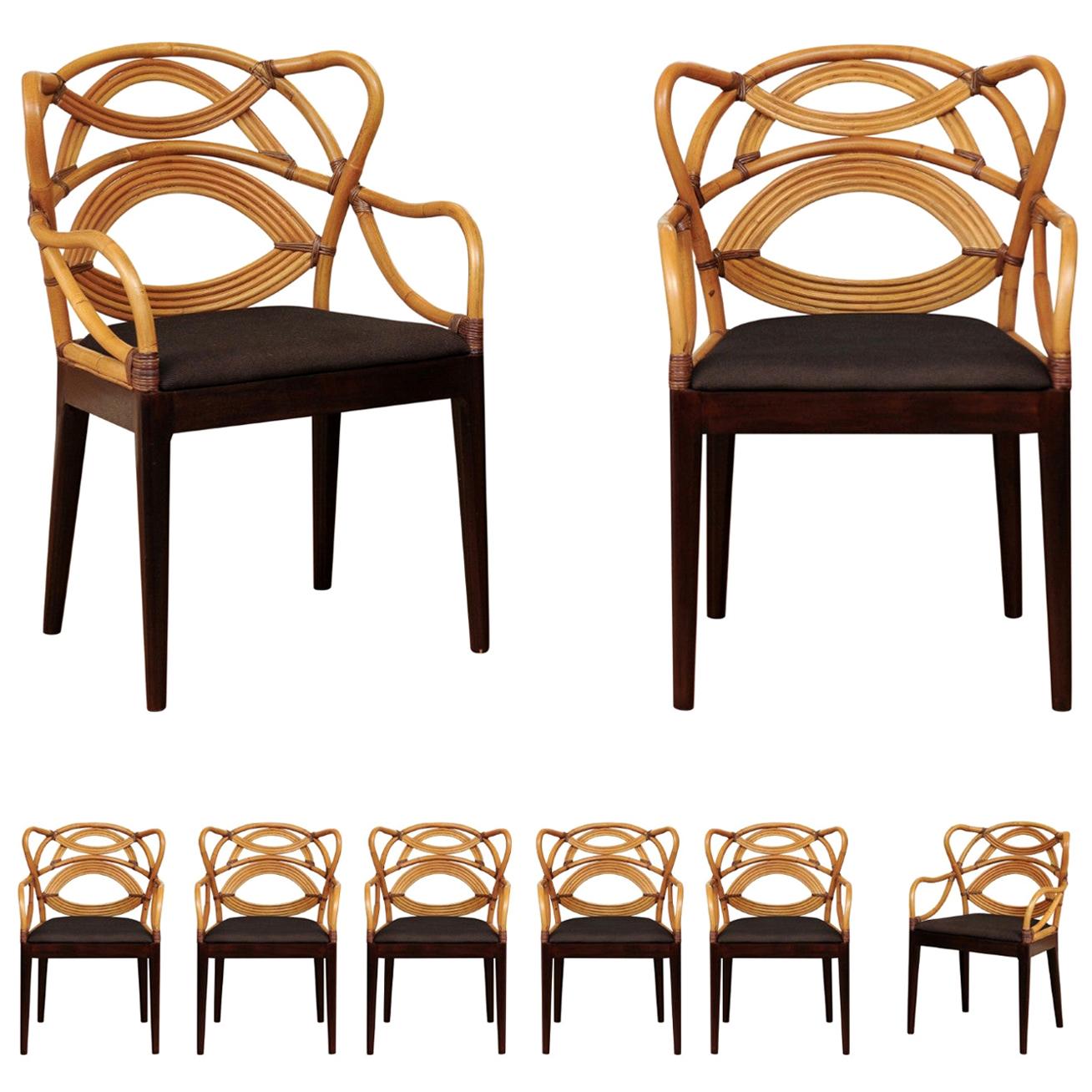 Staggering Set of 8 Sculptural Scalloped Back Rattan Dining Chairs, circa 1995
