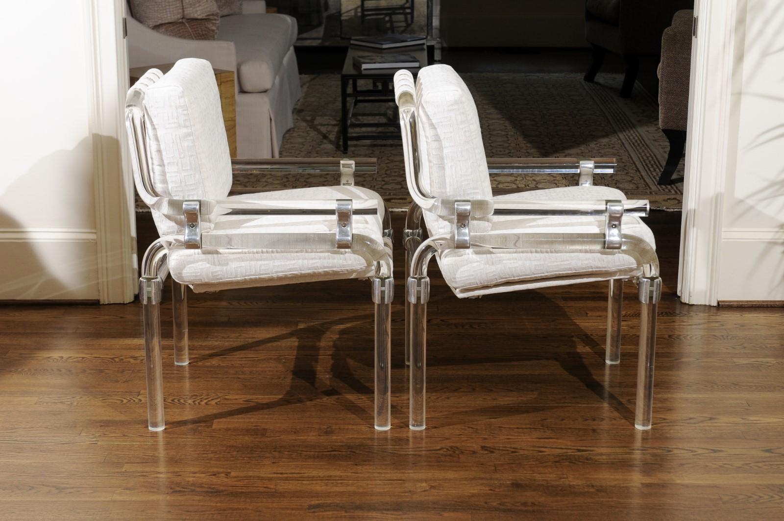 Aluminum Staggering Set of 8 Lucite Arm Dining Chairs by Jeff Messerschmidt, 1985 For Sale