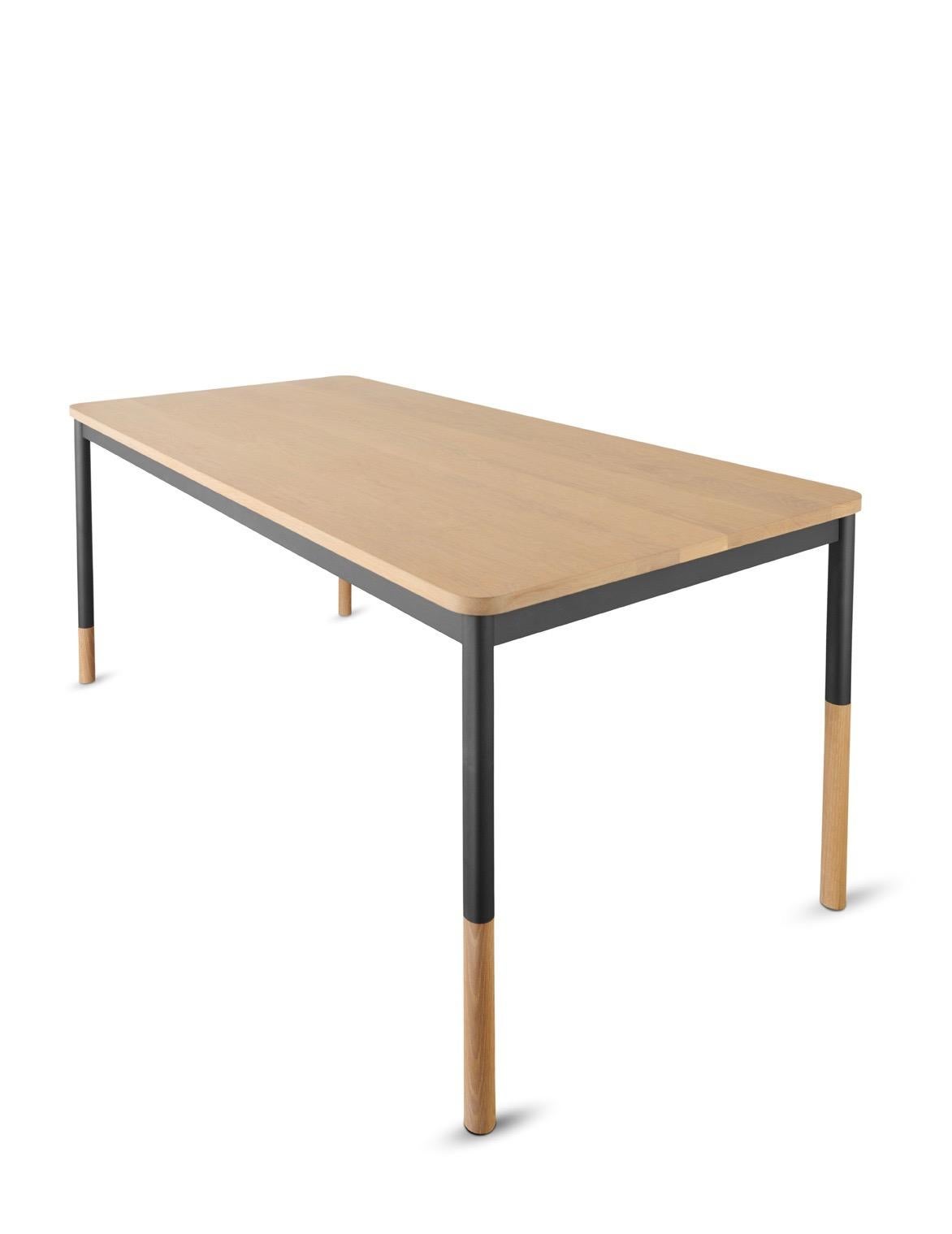StaggerUp table with select white oak top and legs, steel apron and legs with charcoal 