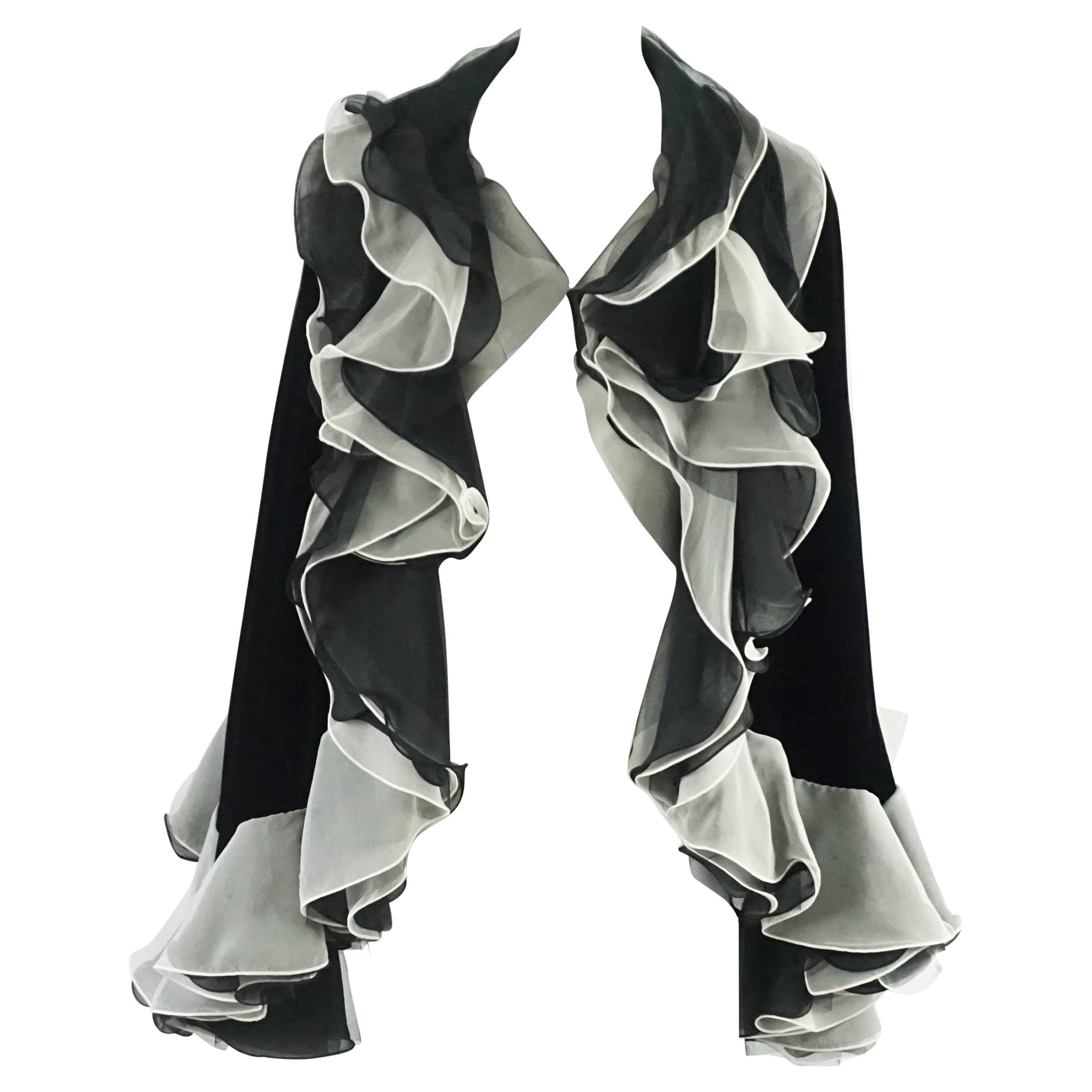 Giorgio Armani Black Velvet Cape with White Silk Pleated Trim - OS