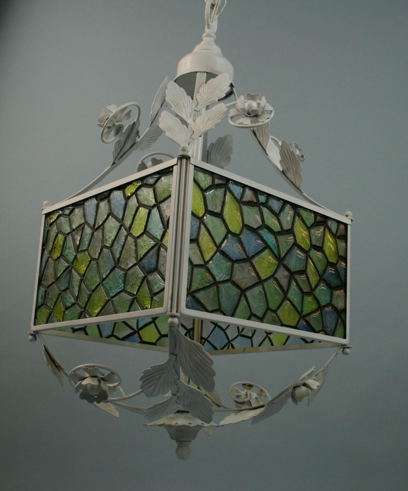 Blue Stain Glass Leaves and Flower Pendant Light For Sale 5