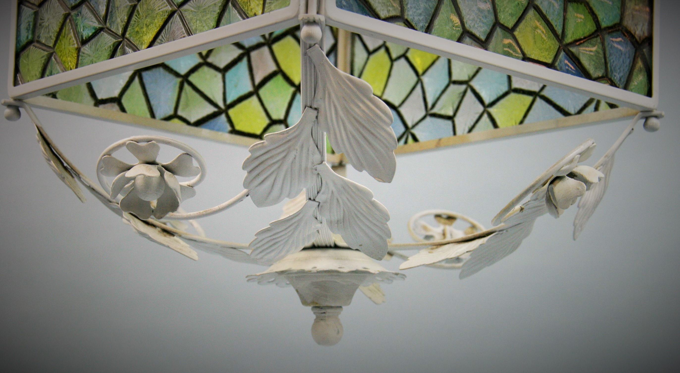 Blue Stain Glass Leaves and Flower Pendant Light For Sale 7