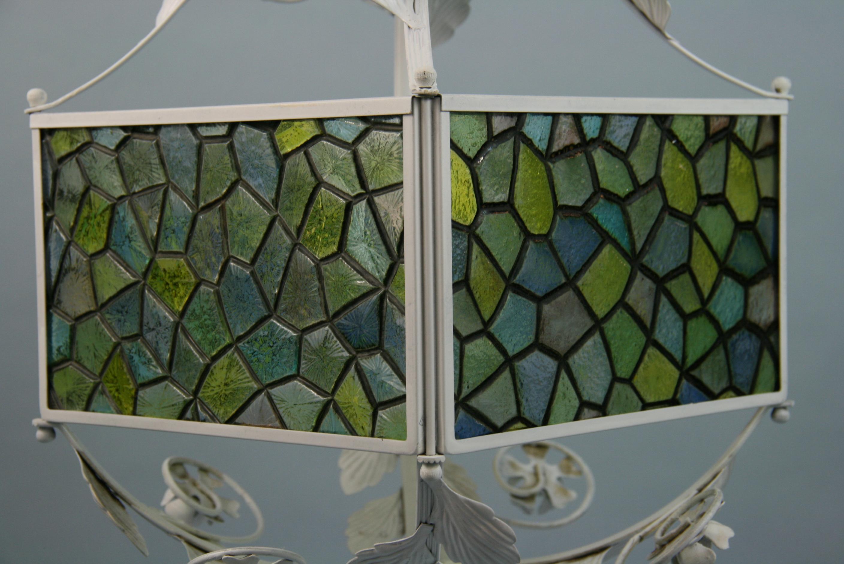 Blue Stain Glass Leaves and Flower Pendant Light In Good Condition For Sale In Douglas Manor, NY