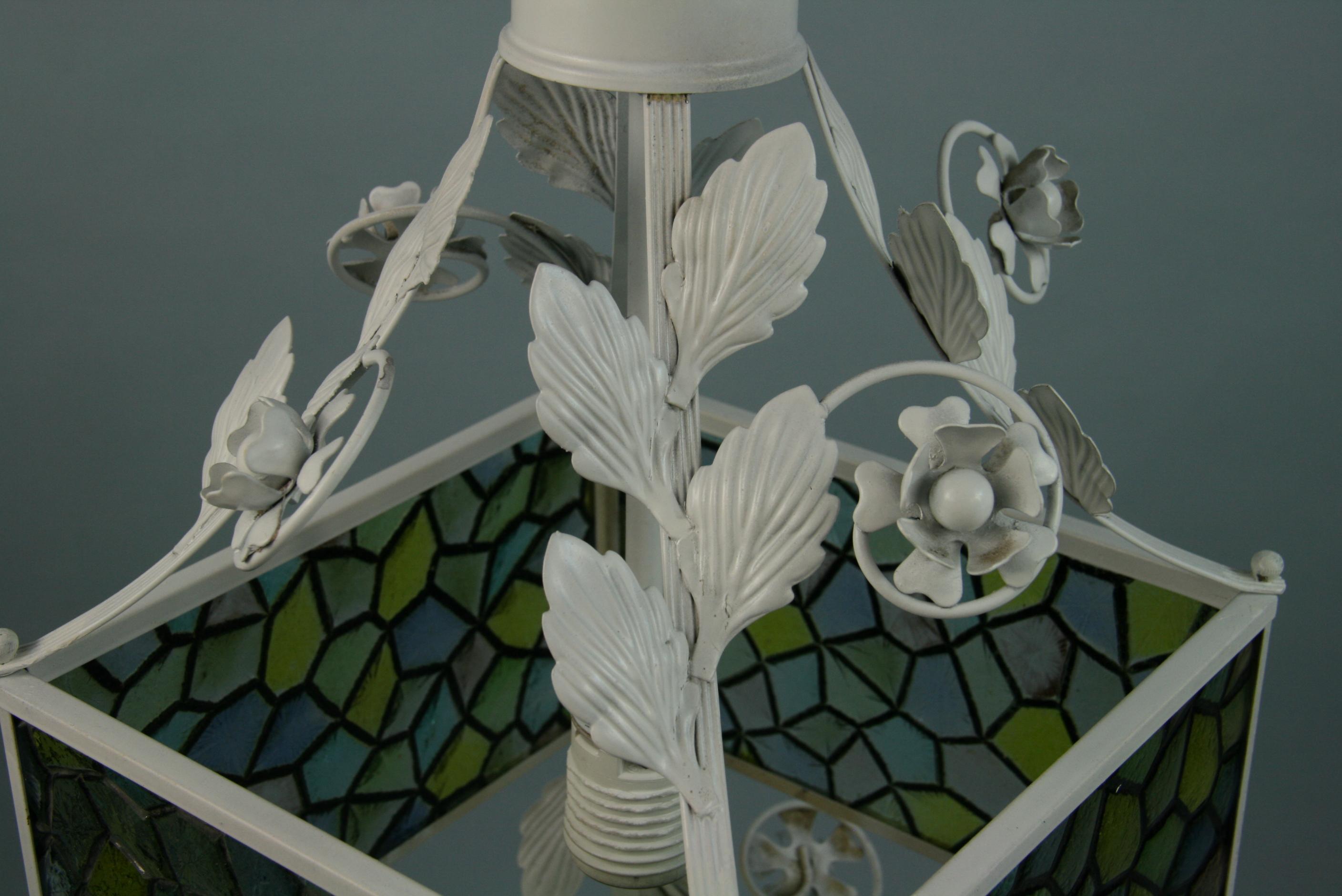 Metal Blue Stain Glass Leaves and Flower Pendant Light For Sale
