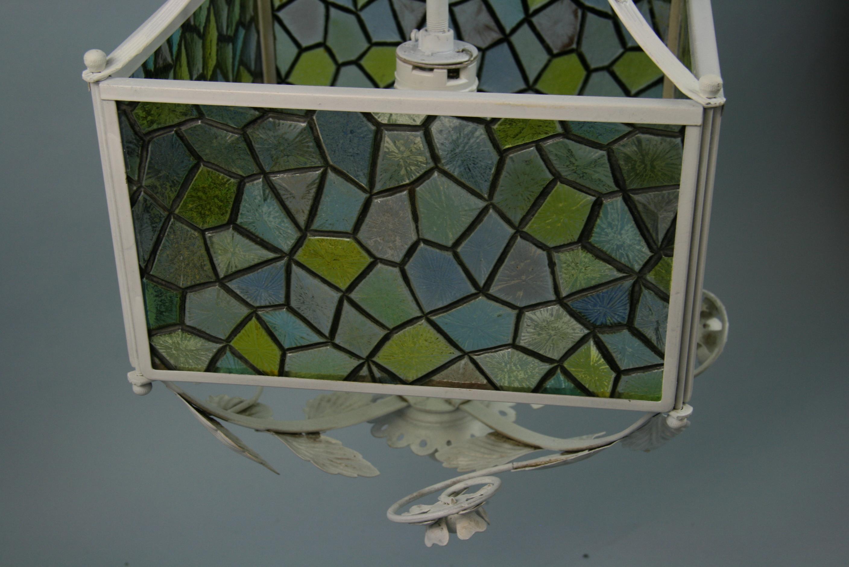 Blue Stain Glass Leaves and Flower Pendant Light For Sale 1