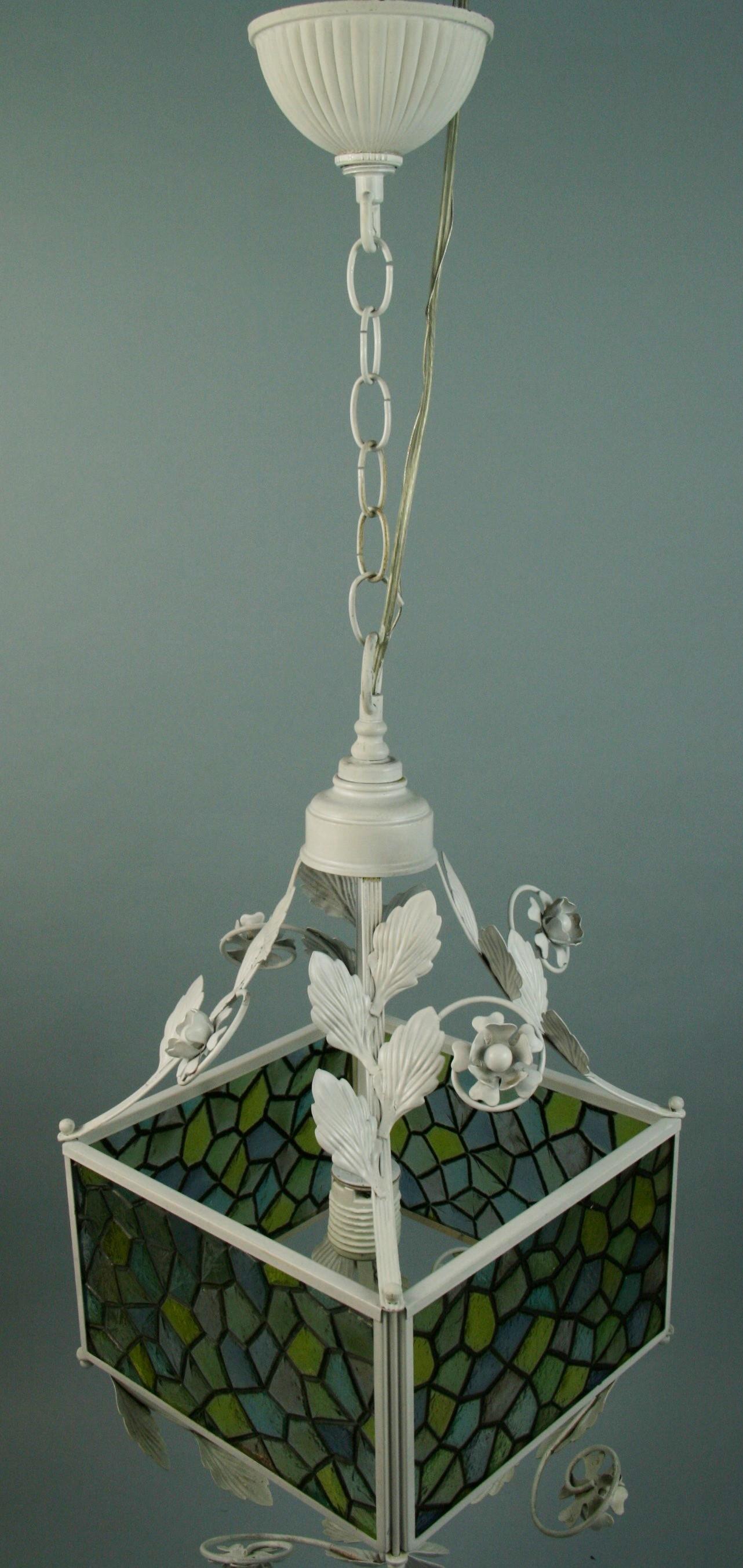 Blue Stain Glass Leaves and Flower Pendant Light For Sale 2