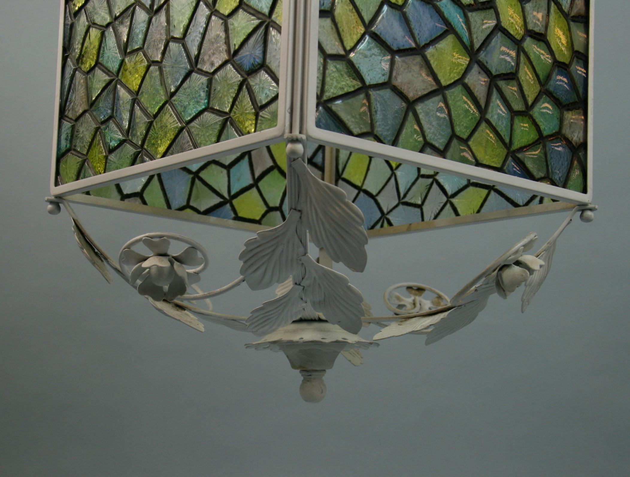 Blue Stain Glass Leaves and Flower Pendant Light For Sale 3