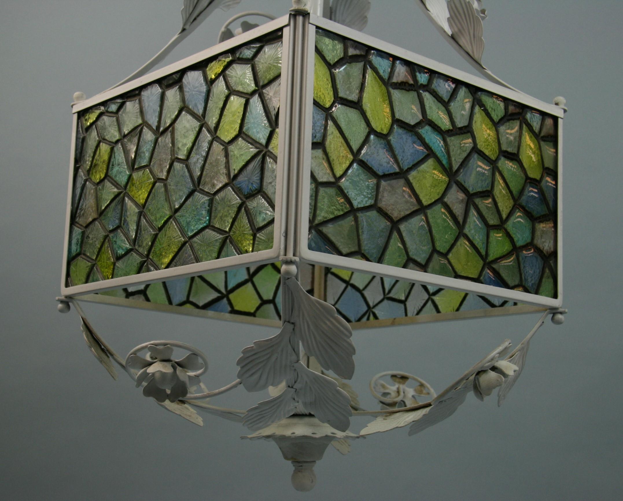 Blue Stain Glass Leaves and Flower Pendant Light For Sale 4