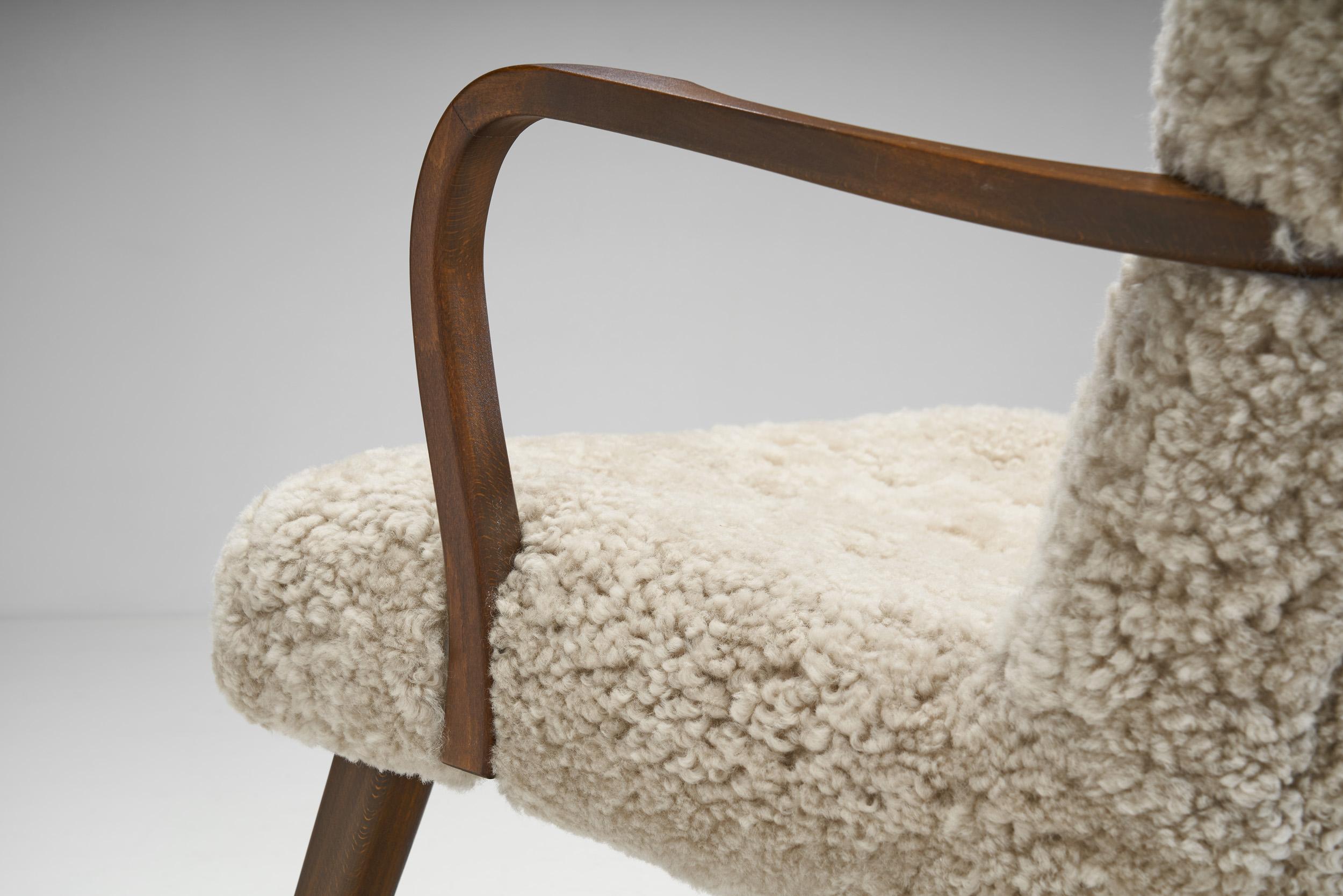 Stained Beech Easy Chair in Sheepskin by Danish Cabinetmaker, Denmark 1940s For Sale 5