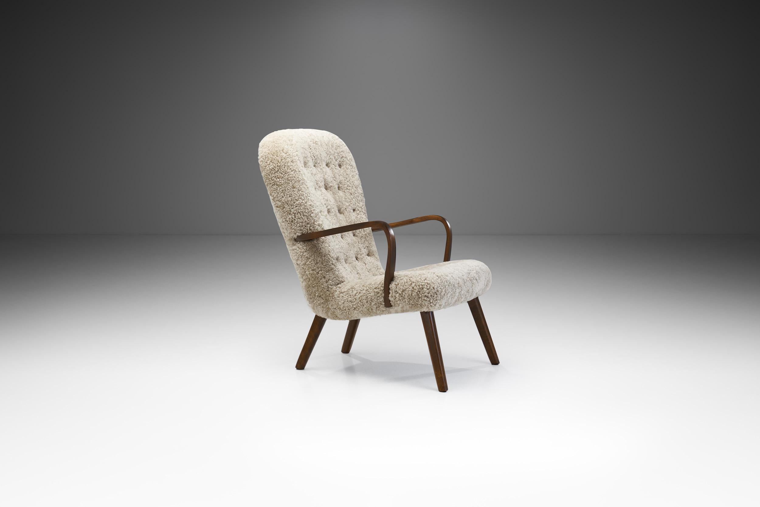 Scandinavian Modern Stained Beech Easy Chair in Sheepskin by Danish Cabinetmaker, Denmark 1940s For Sale