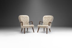 Stained Beech Easy Chairs in Sheepskin by a Danish Cabinetmaker, Denmark 1940s