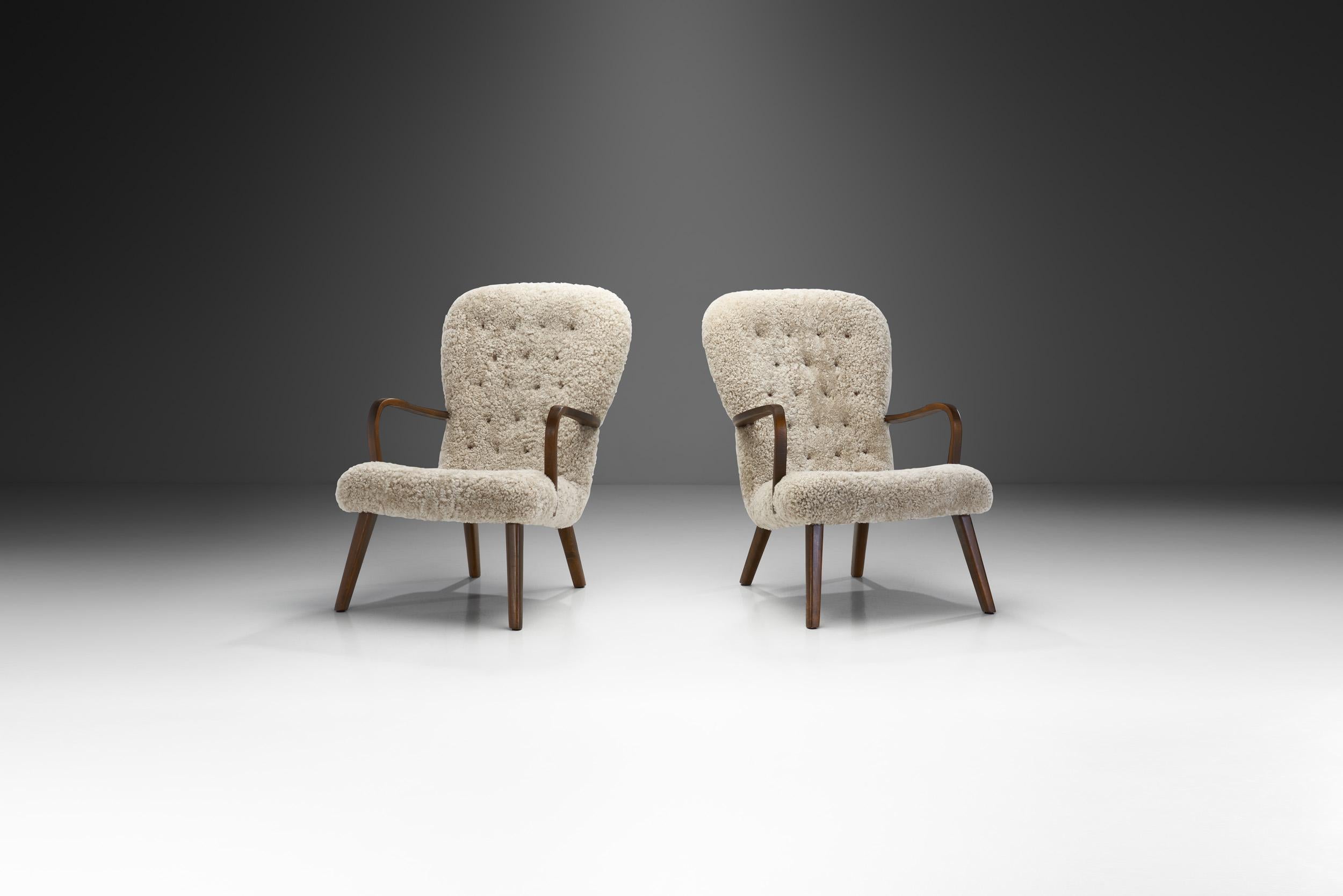 Scandinavian Modern Stained Beech Easy Chairs in Sheepskin by a Danish Cabinetmaker, Denmark 1940s For Sale