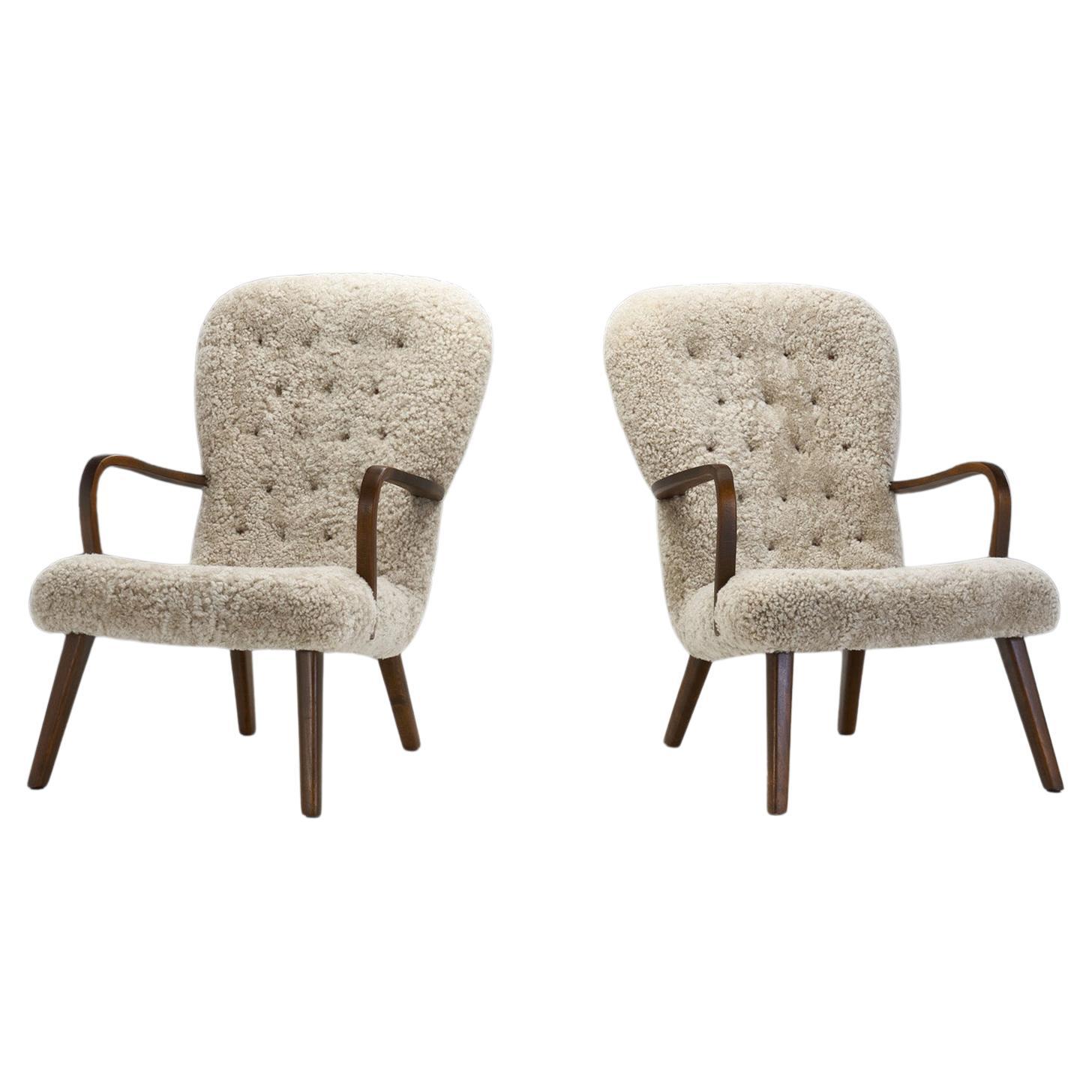 Stained Beech Easy Chairs in Sheepskin by a Danish Cabinetmaker, Denmark 1940s